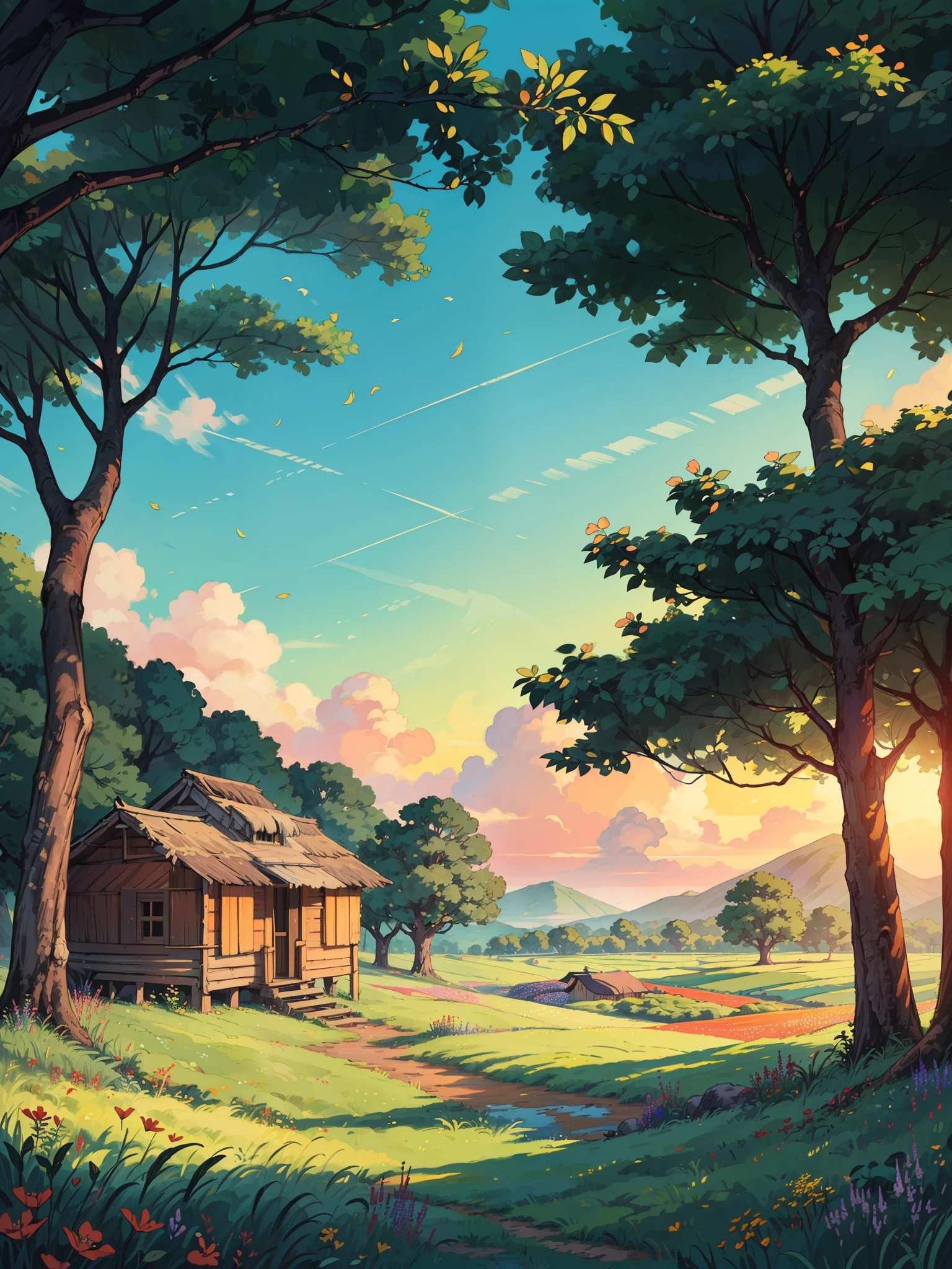 (masterpiece:1), (full view:1.5), (an old hut in the green fields with long grass:1.6), (sunset ambience:1.3), silence, (colorful wildflowers flowing with wind:1.4), magnificent sky, (Dim volumetric light:1.4), peaceful, (beautiful sky), (a big banyan tree providing shade to hut:1.4), (ghibli environment), beautiful tones, subtle colors, peaceful, (illustration: 1.0), epic composition, realistic lighting, HD details, masterpiece, best quality, ,