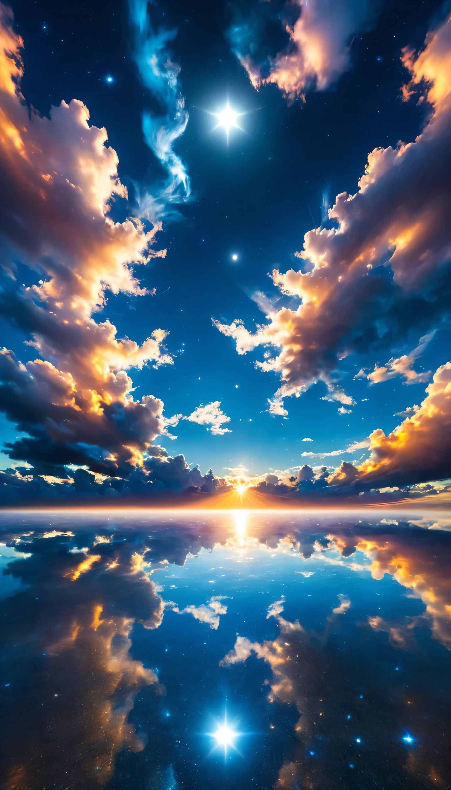 The sky is reflected in the mirrored sea,reflection,symmetry,Uyuni,moonlight,A beautiful sky spreads out,dream-like,,cloud,,Marine blue,wonderful景色が広がります,,Highestの時間をあなたに,Highest品質,photograph,structurally correct,perfect composition,広告用に撮影されたphotograph,beautiful light and shadow,Photographed by a professional photographer,Highestの景色に選ばれた,rich colors,Cast colorful spells,become familiar with,wonderful,wonderful,light effect,Sparkling,reflection,night,night空,star,Highest