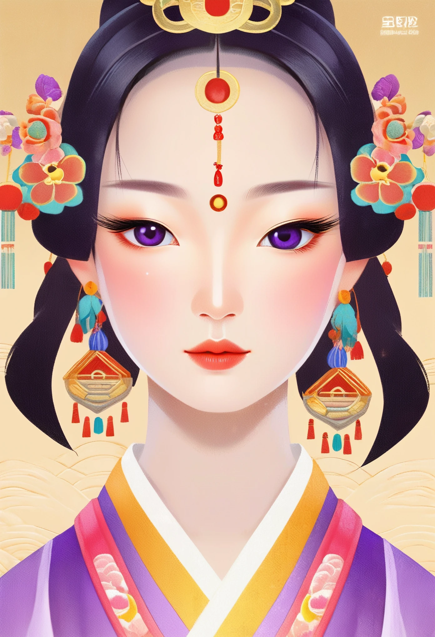 Beautiful Chinese girl , pearl earrings, long eyelashes and pink lips, close up of face, clean face , rounded chin ，purple eyes, purple Hanfu with embroidery, white background , flat illustration, rendered in 3D with bright colors and exquisite details, as an illustration poster , in the style of 2d game art，color correction, HD, 32k ,niji 
