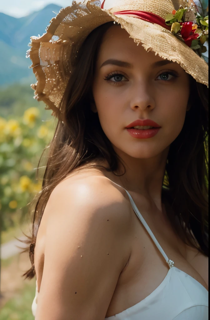brunette with hot, perfect body, Rebecca, cherry red lipstick, 64k, makeup, full body, top-quality, hightquality, Extreme Detail Photography, Eye for extreme detail, masterpiece, 16k, 8k, 4K, HD, UHD, Summer in the Mountains, a beautiful woman, posing for a picture, looking aroused, she is wearing a tight summer dress, sunhat with a flower, depth of field, bokeh, close up shot of her face and cleavage from the side, Brunette Blue Eyes Rebecca