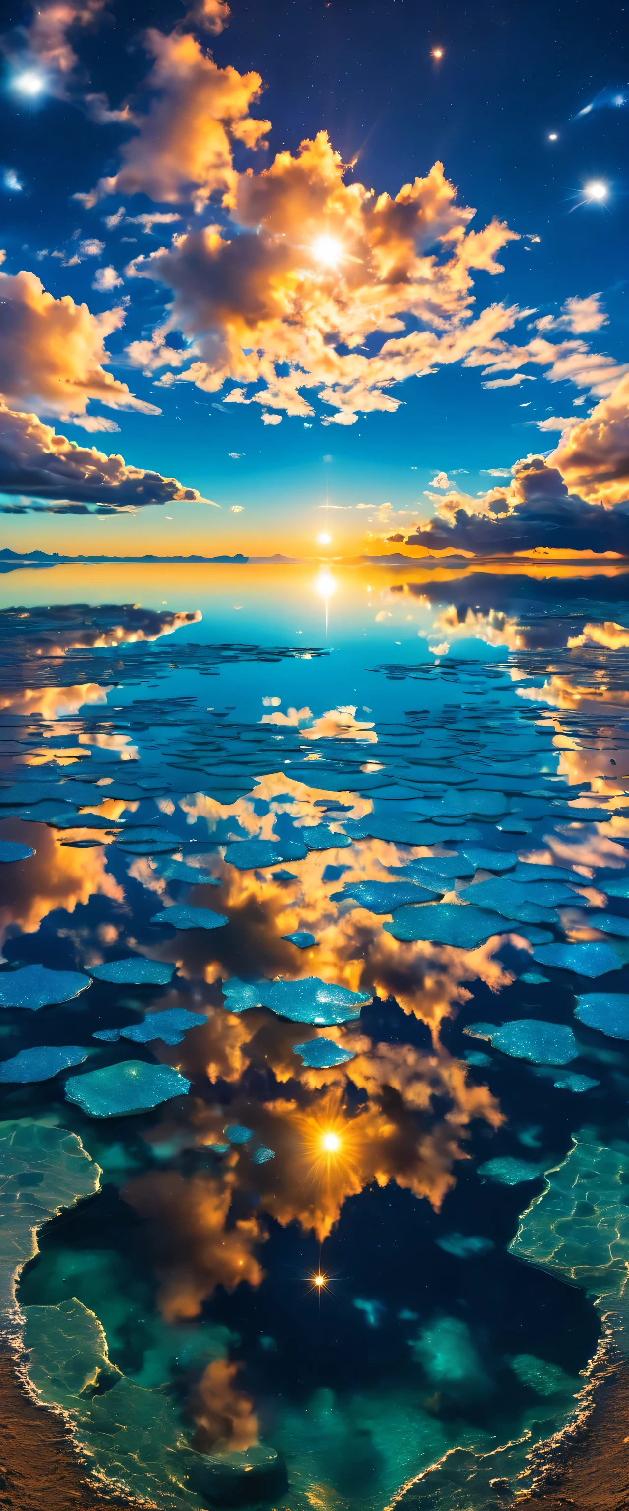 The sky is reflected in the mirrored sea,reflection,symmetry,Uyuni,moonlight,A beautiful sky spreads out,dream-like,,cloud,,Marine blue,wonderful景色が広がります,,Highestの時間をあなたに,Highest品質,photograph,structurally correct,perfect composition,広告用に撮影されたphotograph,beautiful light and shadow,Photographed by a professional photographer,Highestの景色に選ばれた,rich colors,Cast colorful spells,become familiar with,wonderful,wonderful,light effect,Sparkling,reflection,night,night空,star,Highest