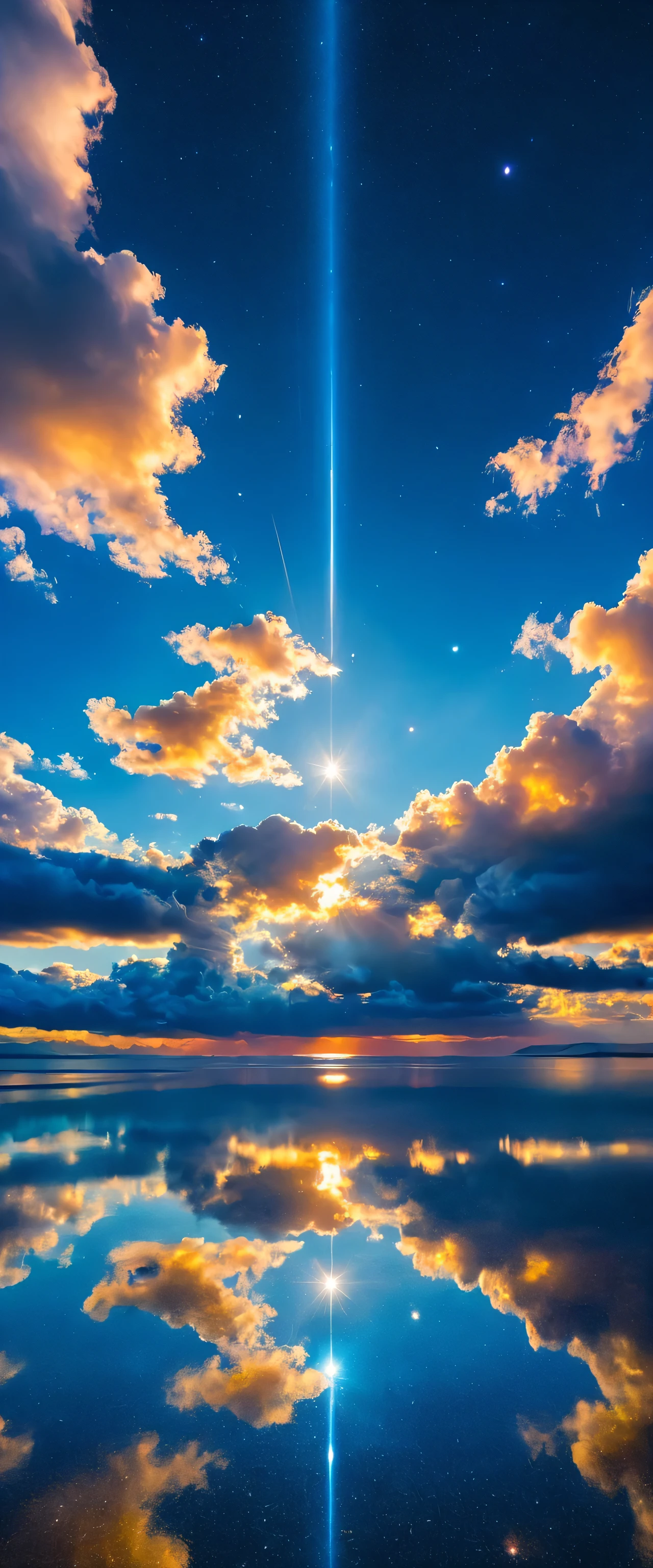 The sky is reflected in the mirrored sea,reflection,symmetry,Uyuni,moonlight,A beautiful sky spreads out,dream-like,,cloud,,Marine blue,wonderful景色が広がります,,Highestの時間をあなたに,Highest品質,photograph,structurally correct,perfect composition,広告用に撮影されたphotograph,beautiful light and shadow,Photographed by a professional photographer,Highestの景色に選ばれた,rich colors,Cast colorful spells,become familiar with,wonderful,wonderful,light effect,Sparkling,reflection,night,night空,star,Highest