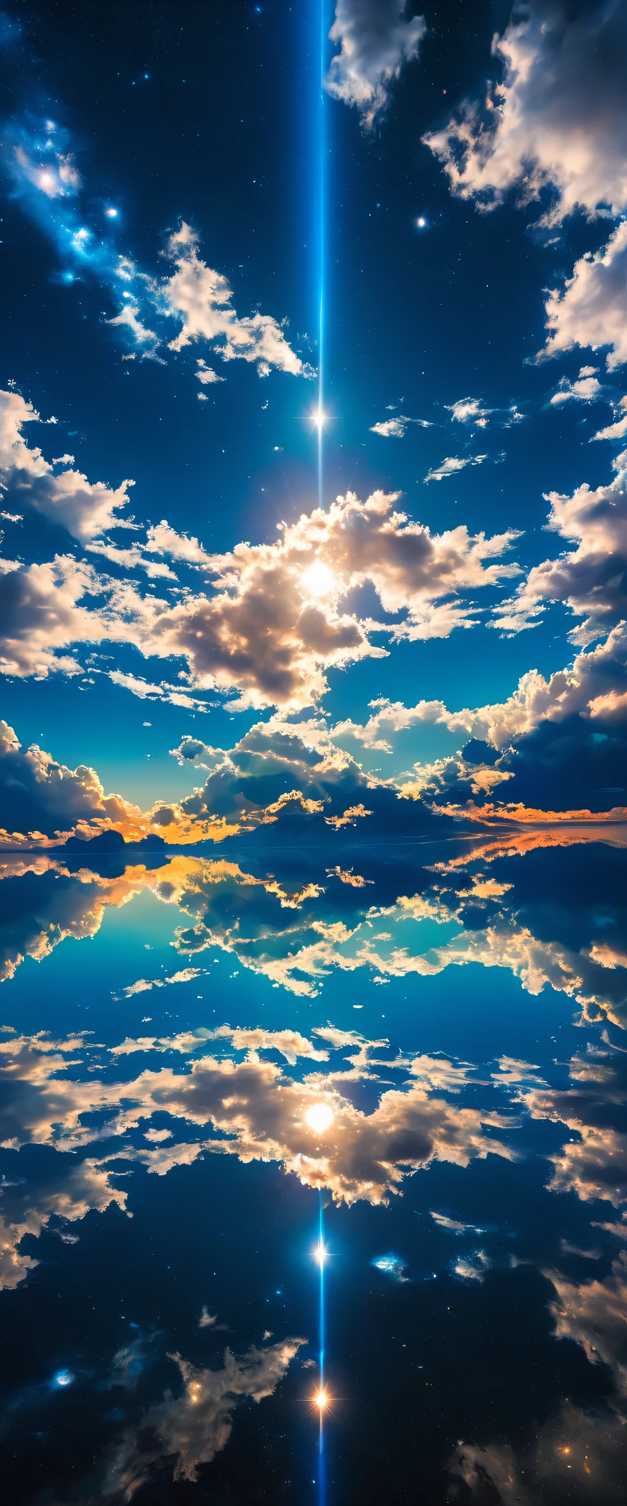 The sky is reflected in the mirrored sea,reflection,symmetry,Uyuni,moonlight,A beautiful sky spreads out,dream-like,,cloud,,Marine blue,wonderful景色が広がります,,Highestの時間をあなたに,Highest品質,photograph,structurally correct,perfect composition,広告用に撮影されたphotograph,beautiful light and shadow,Photographed by a professional photographer,Highestの景色に選ばれた,rich colors,Cast colorful spells,become familiar with,wonderful,wonderful,light effect,Sparkling,reflection,night,night空,star,Highest