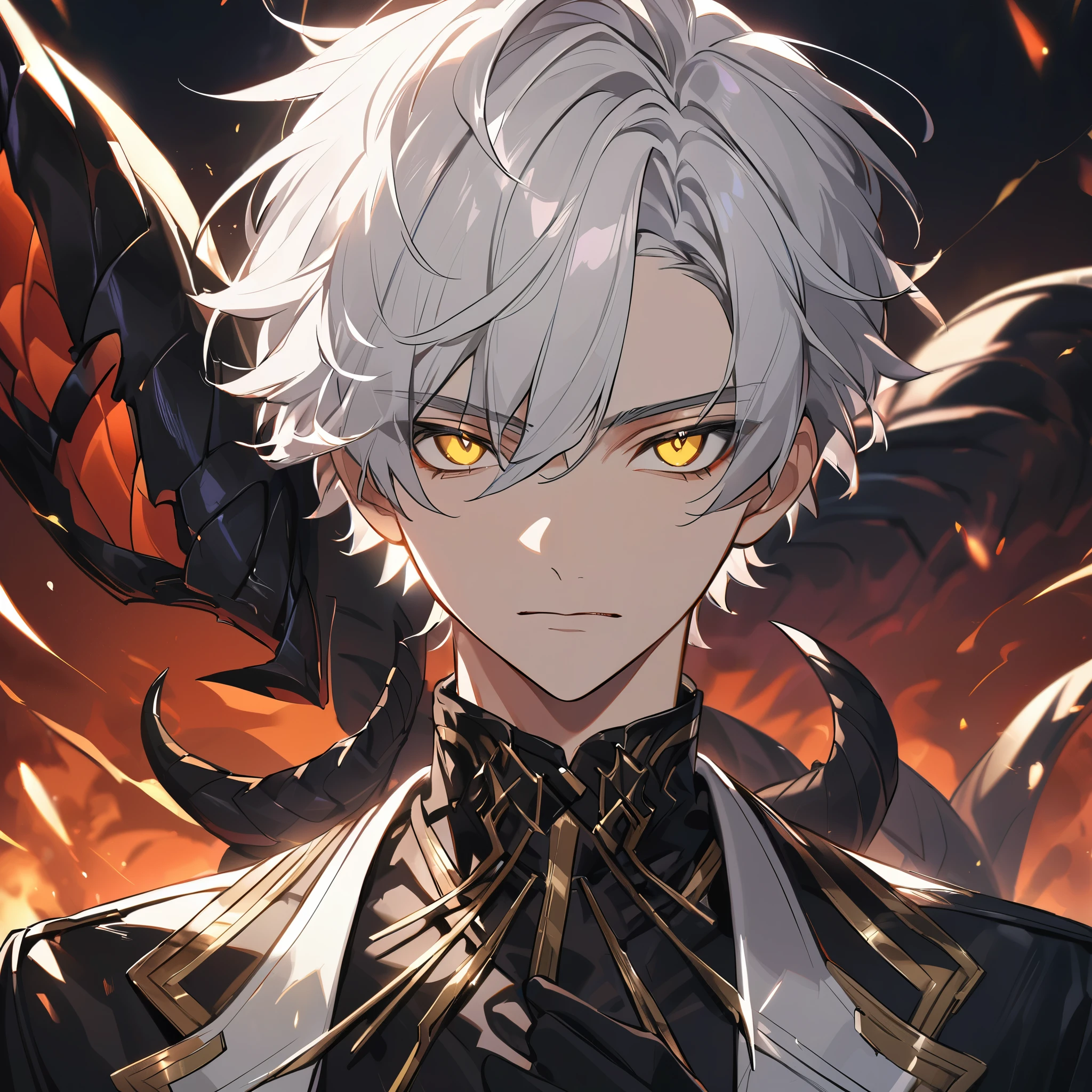 Handsome male, 1male, 17 years old, teenager, golden lining, short white hair, flat cut hair, sharp eyes, gold eyes, devil may cry, close up, calm expression, stoic, black leather clothes, black jacket, black gloves, upper body, looking at viewer, cowboy shot, black dragon background