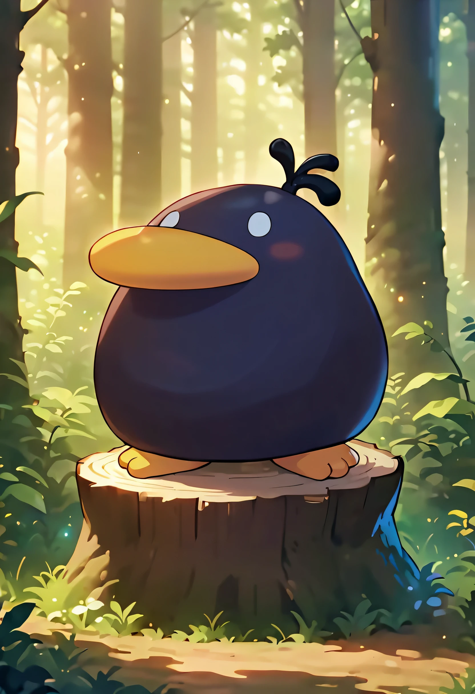 rapthr, solo,animal focus,full body, o o,full body, sitting on tree stump, fantasy,in forest, masterpiece,best quality, very aesthetic,(anime screencap:0.8),8k,absurdres,