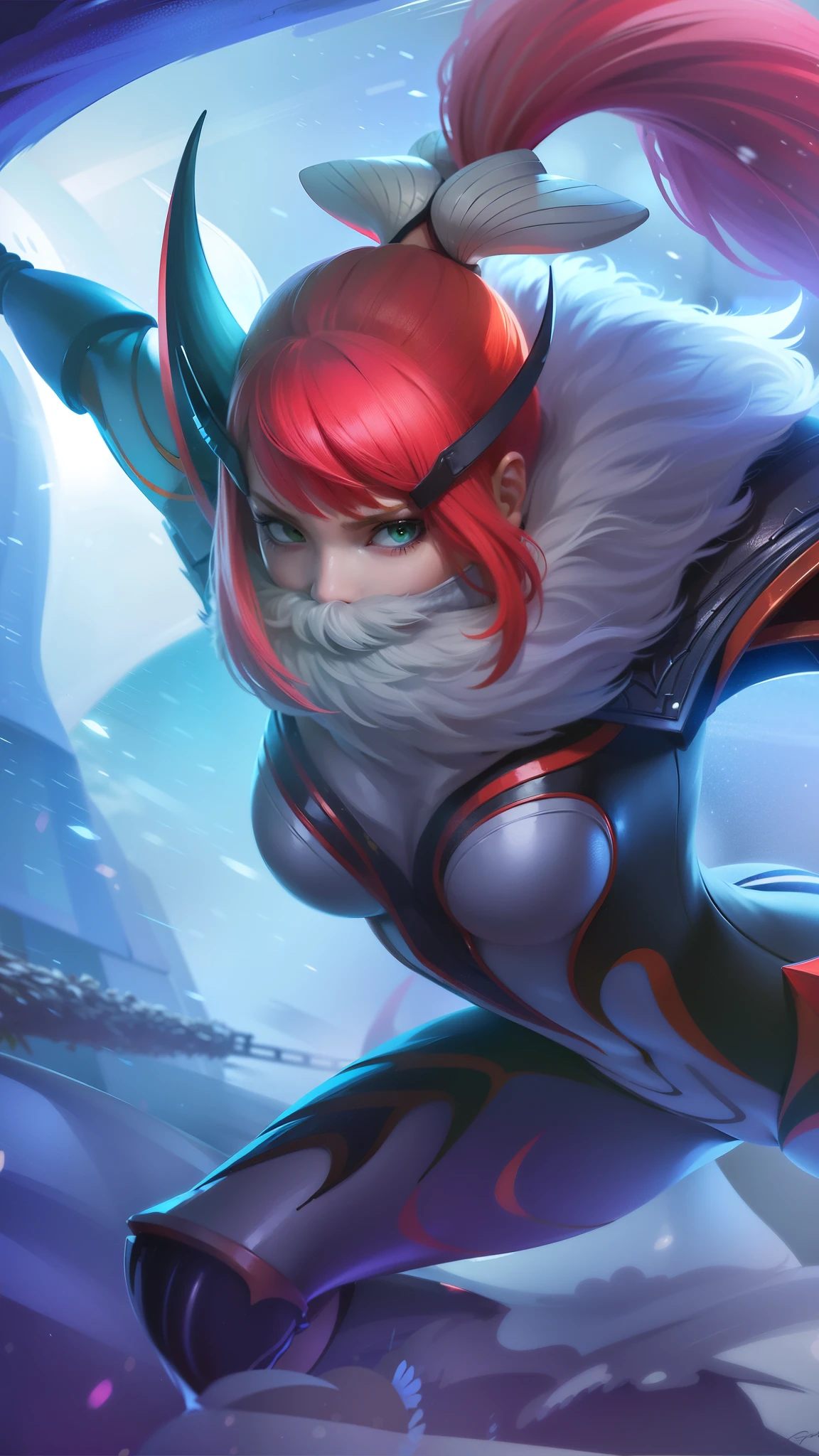 (female:1.2), 8k, ultra hd, ultra detailed texture, hyper realistic, masterpiece, detailed texture, detailed face, detailed skin, detailed lighting, (photorealistic:1.5), best quality, beautiful lighting, cinematic lighting, professional lighting, ultra highres, realistic, detailed hair, real hair, high quality, (realskin:1.5), extremely detailed, finely detail, ultra-detailed, 1girl, solo, standing, demon horns, forehead protector, green eyes, v-shapped eyebrow, make up, pretty, beautiful, long hair, red hair, high ponytail, large breasts, cleavage, armpit, navel, stomach, black armor, pauldrons, bare shoulders, shoulder armor, thigh high, sleevless, detached sleeves, breastplate, gauntlets, hanabi \(mobile legends\), depth of field, white skin, skin tight, amazing pose, outdoors, glowing, dark view, looking at viewer (wearing a mask:1.2)