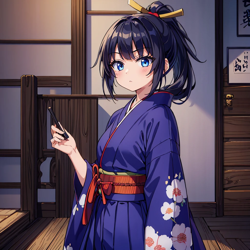 (masterpiece)、(highest quality)、(serious expression)、(samurai)、(Hakama)、(10 year old girl)、(1 person)、luster、shadow、small breasts、blue eyes、ponytail、black hair