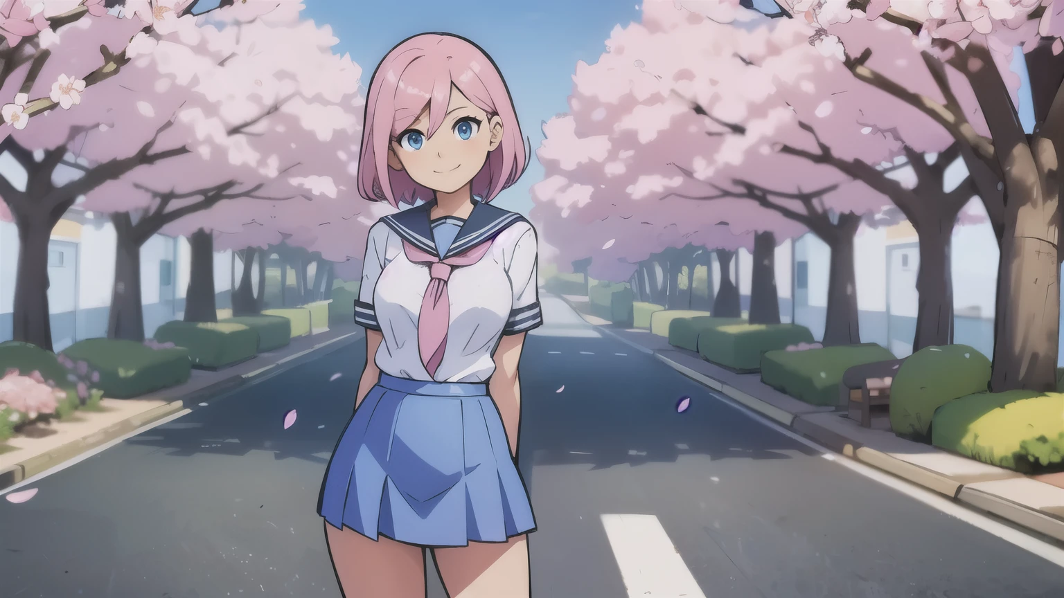 , pink hair, small breasts, (wide hips:1.2), standing, smile, school uniform, blue miniskirt, hands at sides, looking at viewer, outside, near tree, arms behind back, (road:0.6), pov, looking at viewer, facing viewer, perfect eyes, blue eyes, cherry blossom