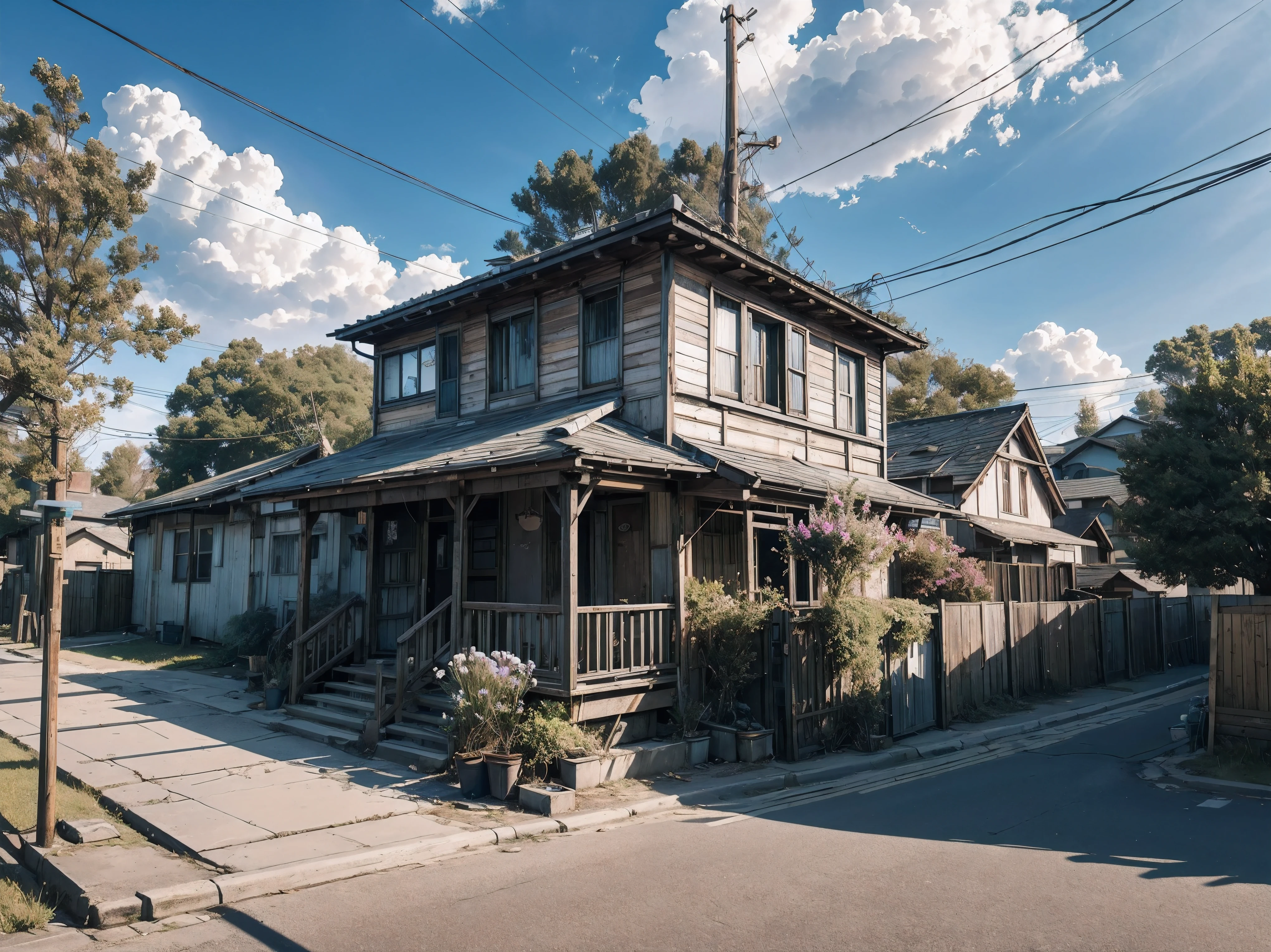 very cozy little place, hyper realism, (anime Makoto Shinkai:0.4), old shabby house in city street, home wiring, outdoors, sky, cloud, day, scenery, tree, blue sky, building, sign, wires, railing, wide shot, utility pole, town, wilderness, flowers, a lot of utensils lying around in a mess