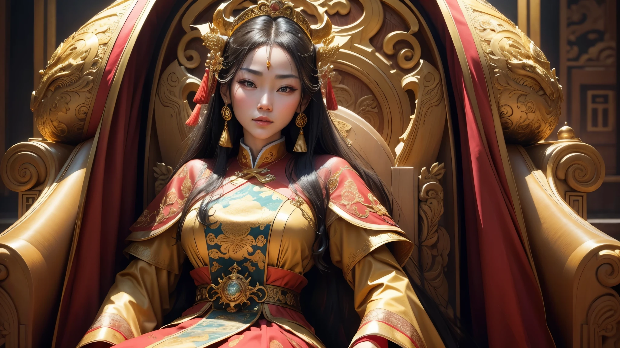 best quality, ultra high resolution,masterpiece, (reality,detail,close up)a chinese queen,The expression is majestic,Wearing gorgeous golden ancient costumes,Sitting on the Dragon Throne,The ministers in the palace knelt down and worshiped