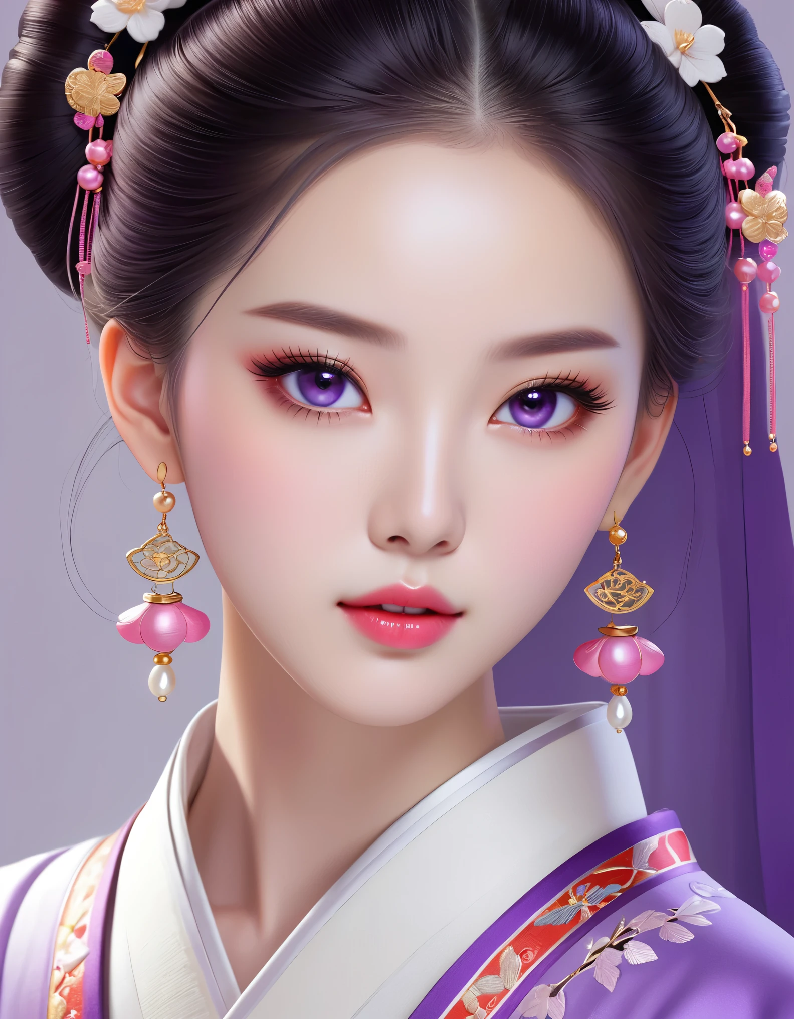 Beautiful Chinese girl , pearl earrings, long eyelashes and pink lips, close up of face, clean face , rounded chin ,purple eyes, purple Hanfu with embroidery, white background , flat illustration, rendered in 3D with bright colors and exquisite details, as an illustration poster , in the style of 2d game art,color correction, HD, 32k ,niji
