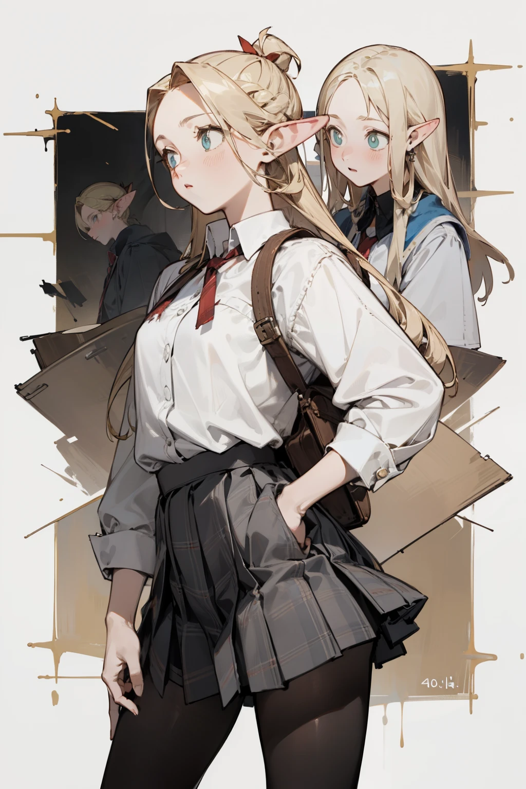 (masterpiece, best quality) detailed, Wearing black tights, silver accessories , blonde ,elegant, pointed ears ,white shirt,torn clothes,pleated skirt,Plaid skirt