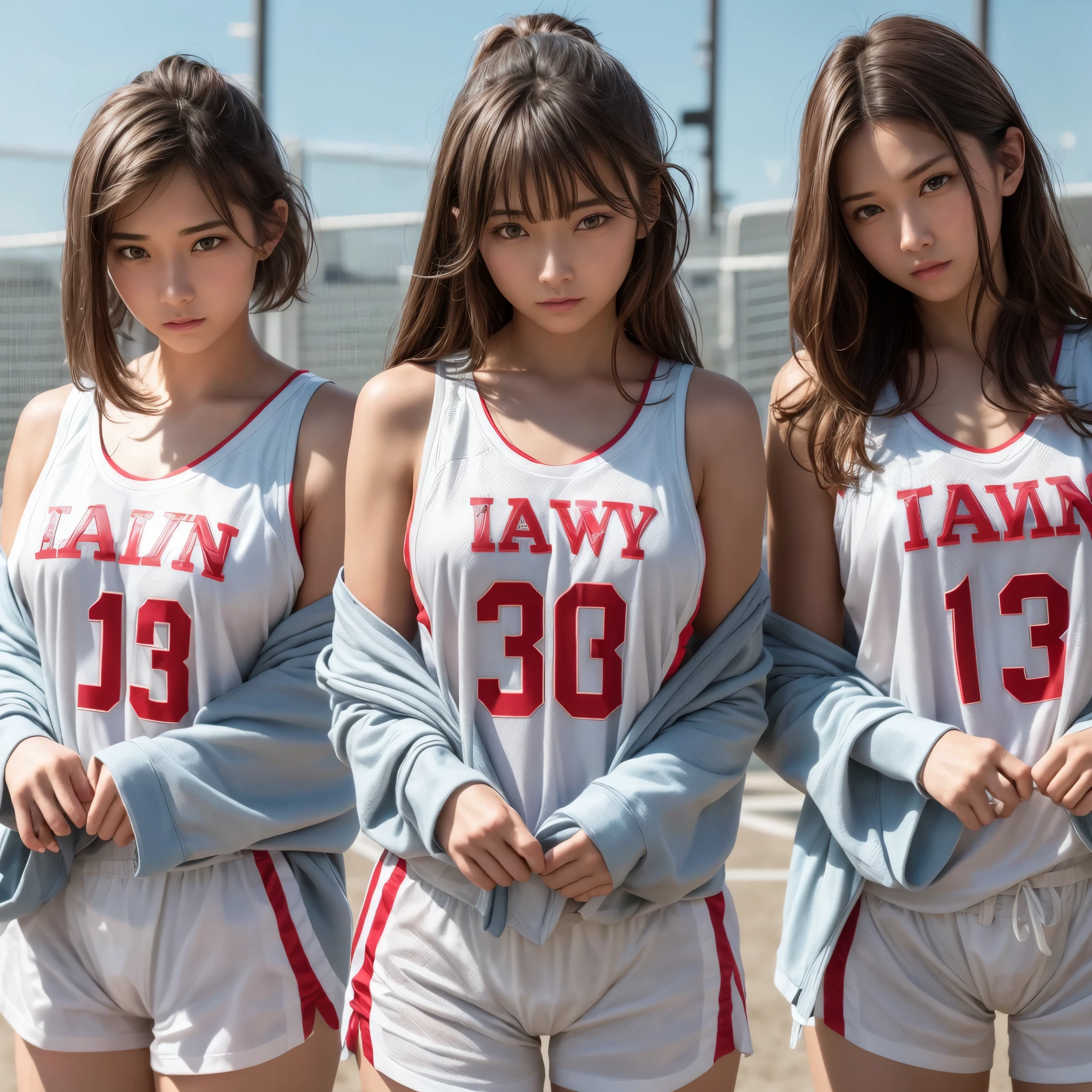 (RAW photo:1.2), (realistic), beautiful detailed girl, highly detailed eyes and face, thin and beautiful eyes, huge file size, High resolution, very detailed, highest quality, [table top:1.6], shape, very detailed, small details, highest quality, 8k wallpaper, movie lighting, Three 15-year-old Japanese basketball players,180cm以上の高身長のnakedのバスケットボール選手, 屋外のバスケットコートでnakedの姿, no top, naked, I take off my shirt and my nipples are visible,  white panties are visible, sportswoman, young face, small breasts, exposed nipples, Basketball players line up and pose, A refreshing look, sports type hairstyle