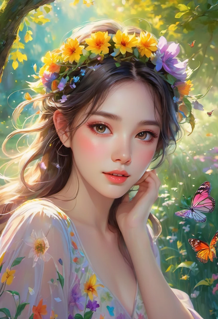 (detailed eyes and face),beautiful detailed lips,girl in a garden,colorful flowers,shimmering sunlight,dew on the grass,floral crown,flowing dress,peaceful atmosphere,vivid colors,soft pastel tones,subtle shadows,sun-kissed skin,Warm sunlight piercing through the trees,serene expression,butterflies dancing around her,majestic oak tree in the background,carefree and joyful,gentle breeze rustling the leaves,faint scent of flowers in the air