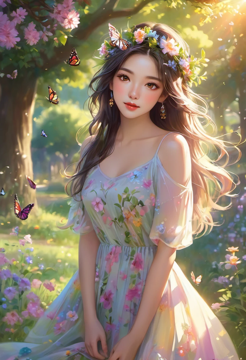 (detailed eyes and face),beautiful detailed lips,girl in a garden,colorful flowers,shimmering sunlight,dew on the grass,floral crown,flowing dress,peaceful atmosphere,vivid colors,soft pastel tones,subtle shadows,sun-kissed skin,Warm sunlight piercing through the trees,serene expression,butterflies dancing around her,majestic oak tree in the background,carefree and joyful,gentle breeze rustling the leaves,faint scent of flowers in the air