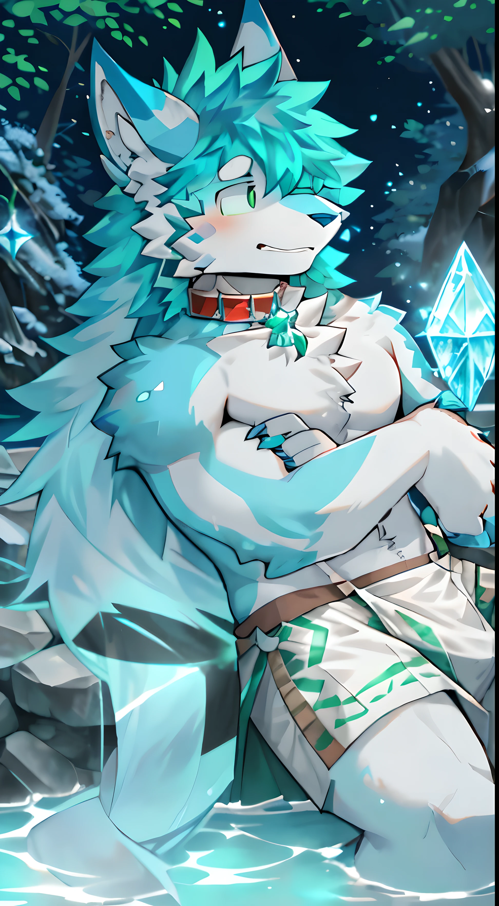the only person,hairy pubic hair,human biology,Male white wolf,gray fur,Haio,White ears bleeding - green eyes,muscle tissue,male,(animal ears bodyesbian furry feeling,blue highlighter,collar,loincloth,blue tattoo, crystal tattoo,wave tattoo,long hair,hot spring,exit,翡emerald,emerald,diamond,the Crystal Caverns,crystal claw,paw,dew