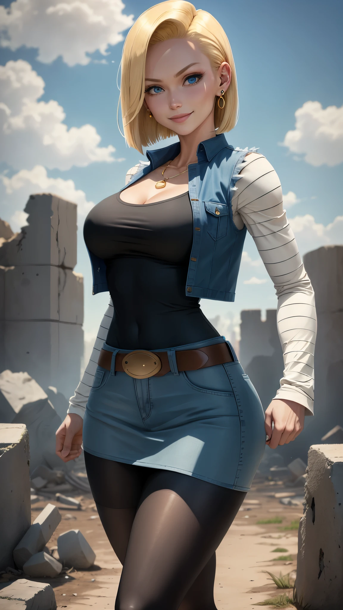 best quality, high-res, and18, 1girl, android 18, solo, blonde hair, blue eyes, belt, blue demin bodycon micro skirt, gold necklace, black shirt, short hair, long sleeves, white striped sleeves, earrings, open vest, blue denim vest, large breasts, cowboy shot, forest, straight-on, (weather: windy), combat stance, full length pantyhose, battle ruins, wide hips, shy smile,