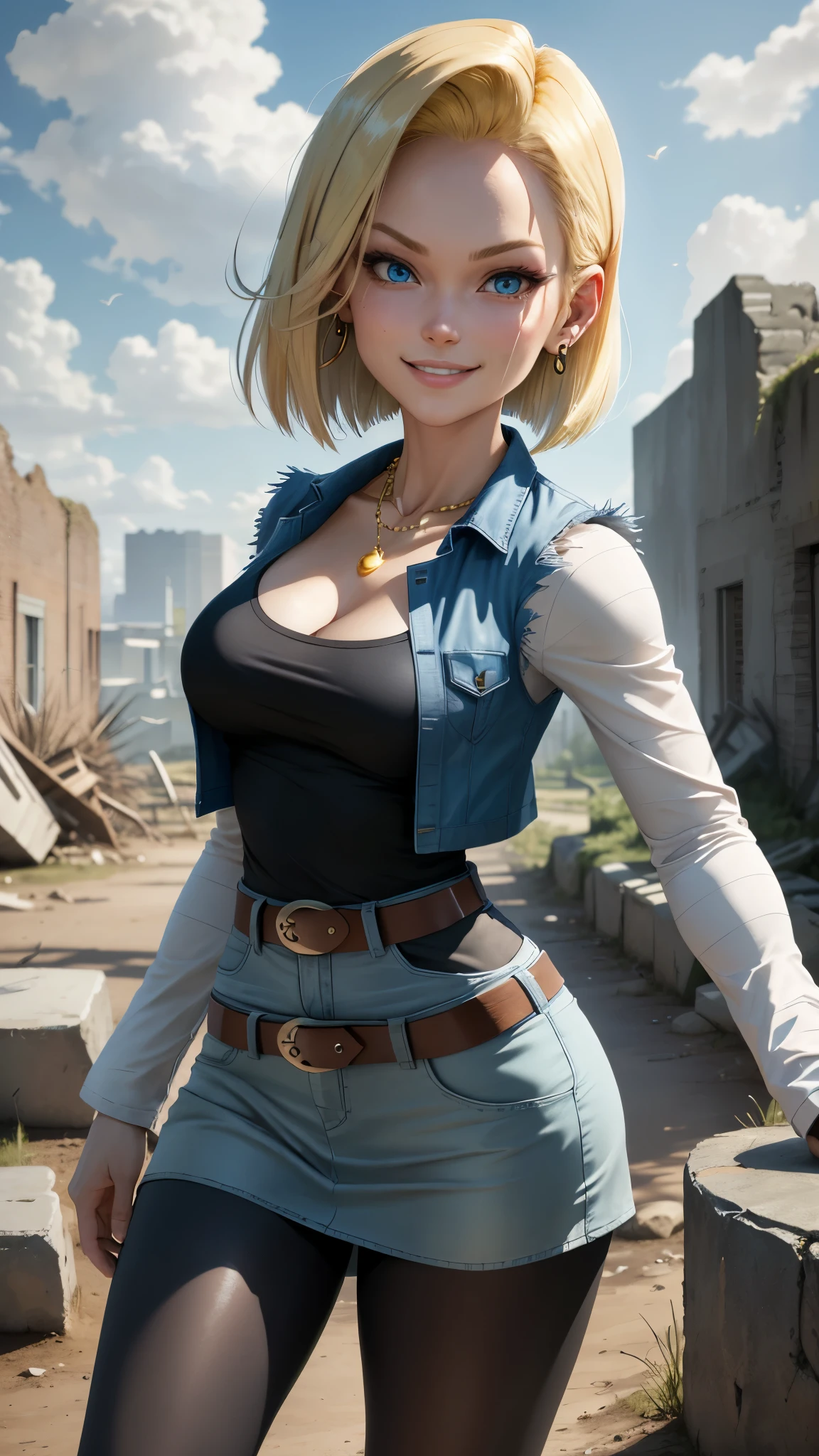 best quality, high-res, and18, 1girl, android 18, solo, blonde hair, blue eyes, belt, blue demin bodycon micro skirt, gold necklace, black shirt, short hair, long sleeves, white striped sleeves, earrings, open vest, blue denim vest, large breasts, cowboy shot, forest, straight-on, (weather: windy), combat stance, full length pantyhose, battle ruins, wide hips, shy smile,