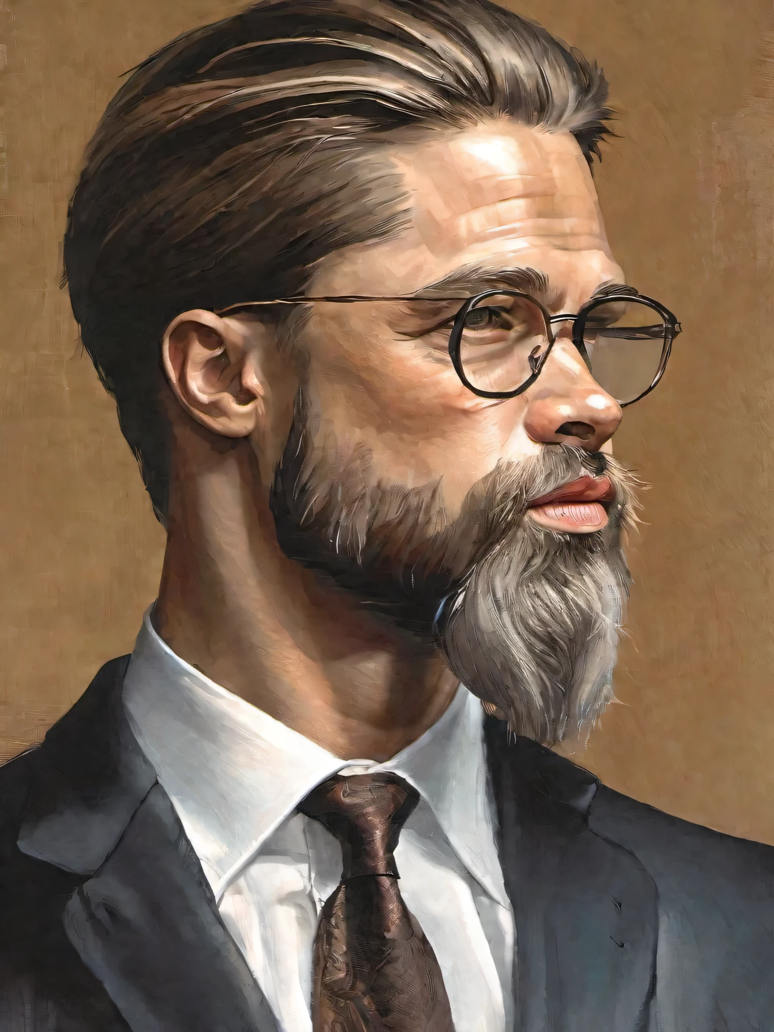 painting of a man with a beard and glasses in a suit, a character portrait by Jakub Różalski, reddit, figurative art, painterly portrait, brad pitt portrait, extremely detailed oil portrait, portrait of brad pitt, fine art portrait painting, oil painting portrait, detailed color portrait, painted portrait, closeup painted portrait, side profile painted portrait

