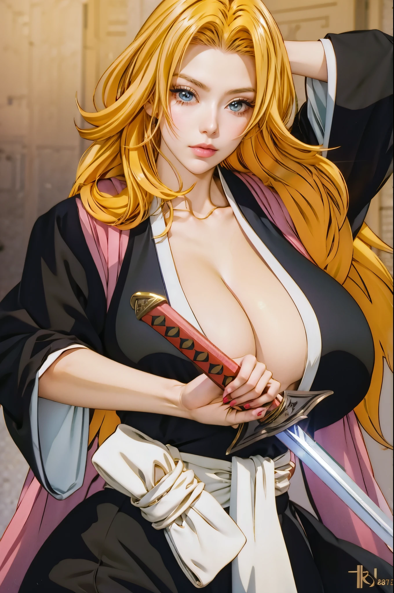 anime girl with a sword and a pink jacket, she is holding a katana sword, inspired by Nishikawa Sukenobu, holding a sword on her shoulder, marisa kirisame, marin kitagawa fanart, fox nobushi holding a naginata, she is holding a sword, with large sword, inspired by Kusumi Morikage, cushart kenz