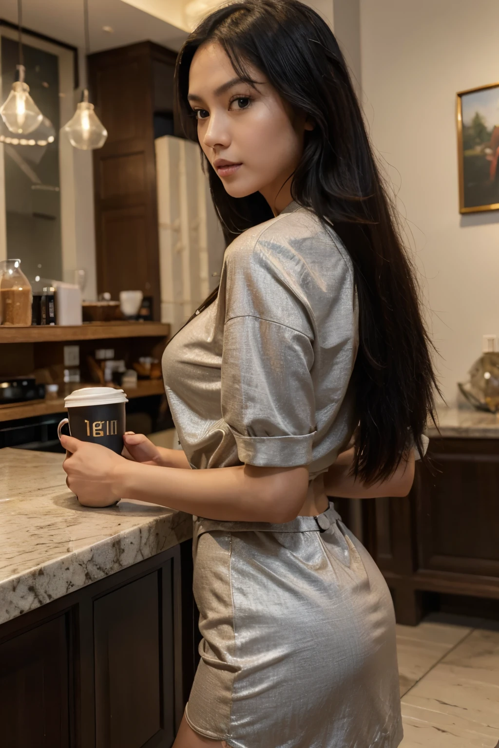 (masterpiece:1.2), (best quality:1.2), 8k, absurdres, super realistic, perfect eyes, perfect face, tall and toned body, cute and seductive face, slim waist, perfect lighting, 1girl, asian girl, chinese, young female in italian cafe, long black hair, straight hair, detailed casual dress clothes, detailed italian buildings background, slight makeup, looking away from the viewer, holding a cup of coffee,