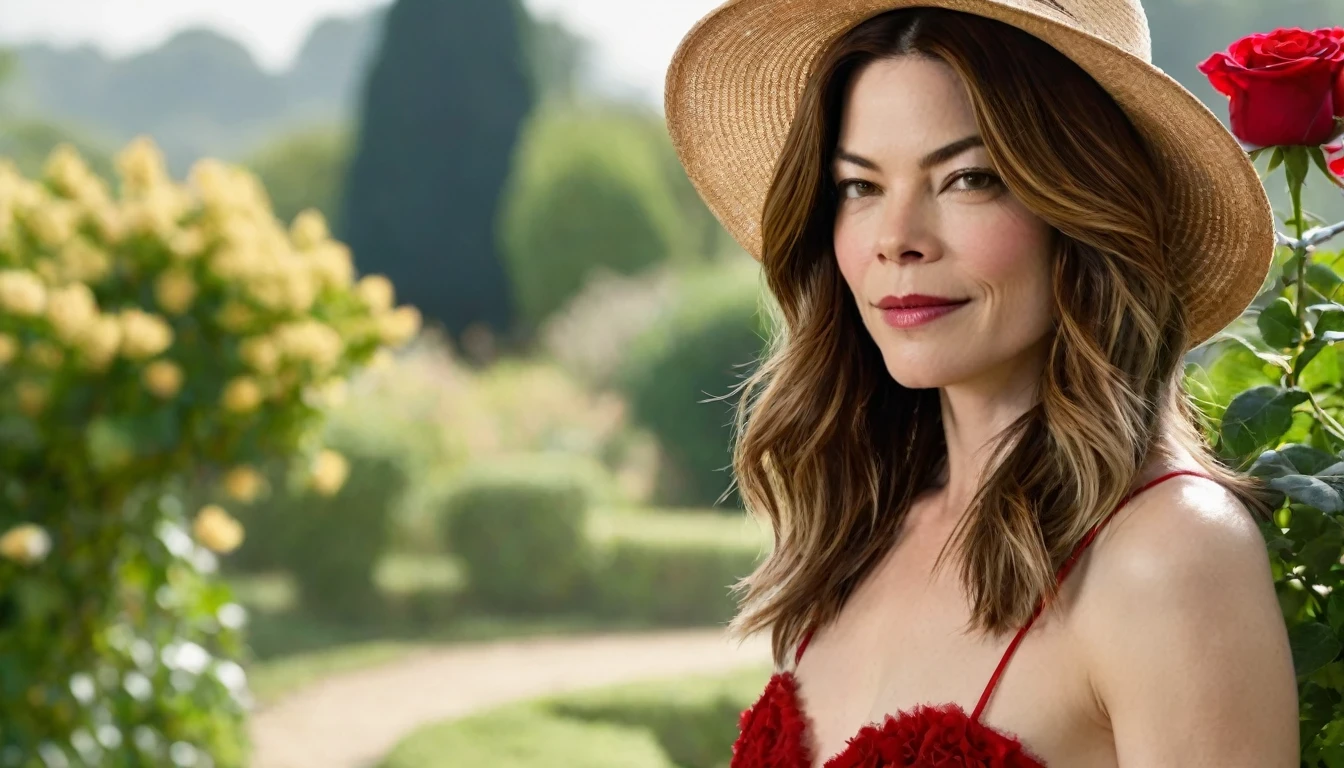 ((Michelle Monaghan) (27 anos) com vestido vermelho Escuro, The skirt is long to the floor and wears a flower hat), Jardim cercado por rosas vermelhas, Casinha florida no fundo, Muitas flores de rosa vermelha no jardim e luz solar com bokeh, gotas de orvalho na flor petalasterpiece, ultra qualidade, high resolution, 8K, intricado: 1.2), (obra de arte), (melhor qualidade:1)
