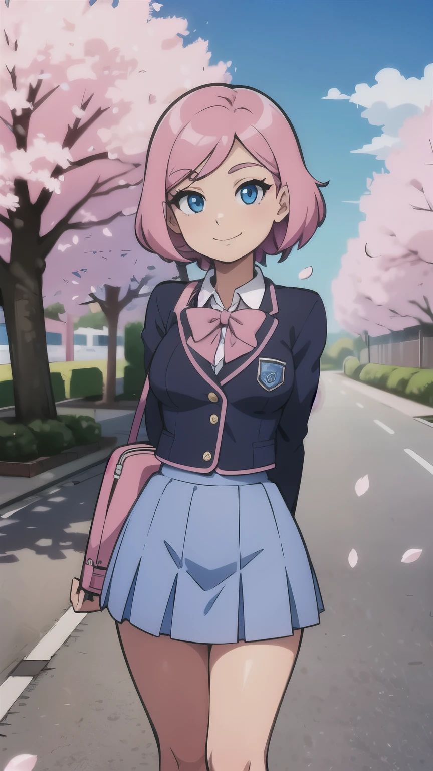 , pink hair, small breasts, (wide hips:1.2), standing, smile, school uniform, blue miniskirt, hands at sides, looking at viewer, outside, near tree, arms behind back, (road:0.6), pov, looking at viewer, facing viewer, perfect eyes, blue eyes, cherry blossom