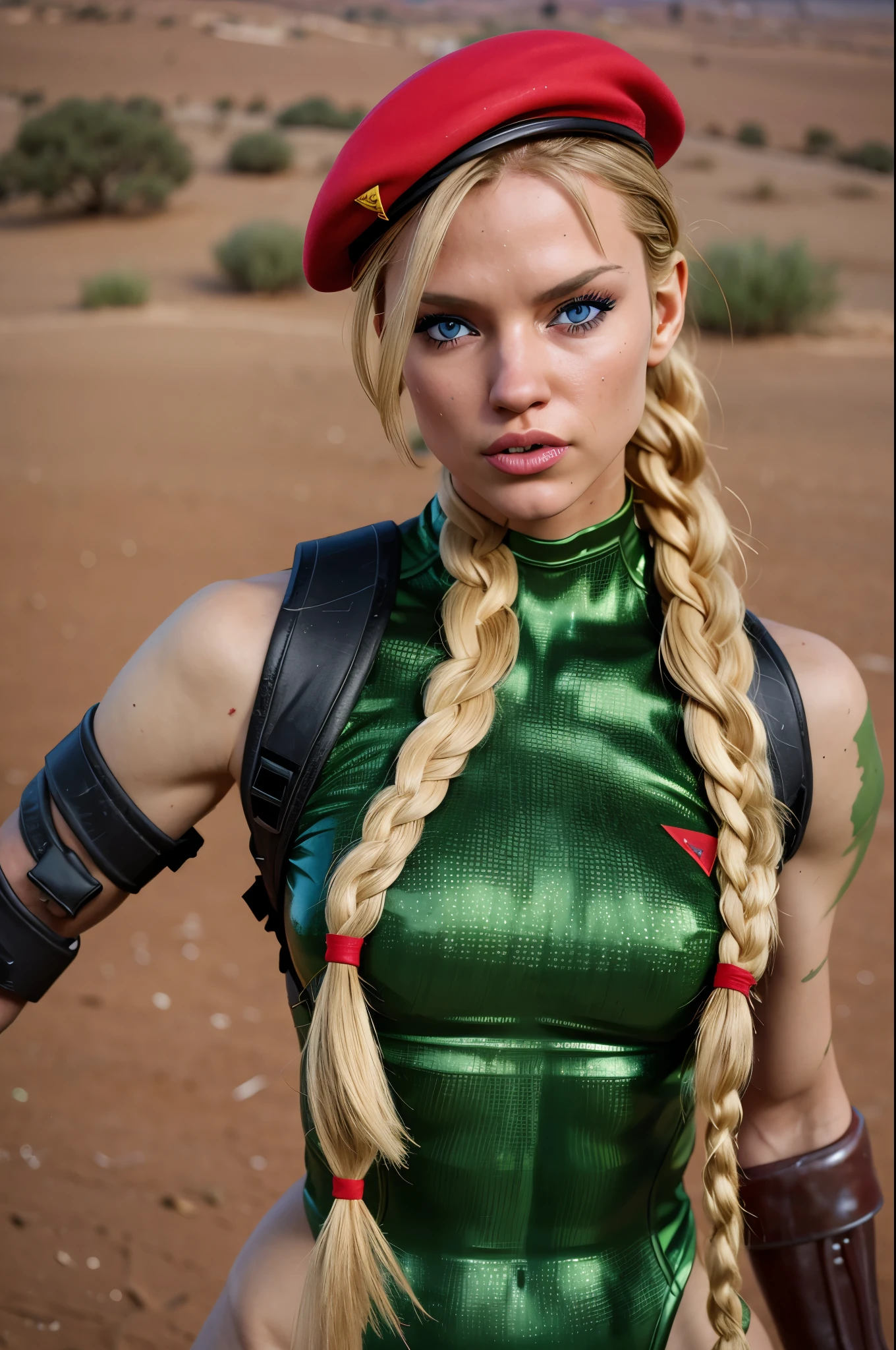 Photo of cammyst in the desert, with her long blonde hair, blue eyes, and a green leotard, standing confidently while wearing a red beret and sporting a stylish braid, looking directly at the viewer.
