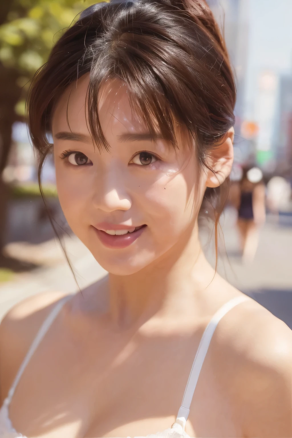 NSFW:1.5,((highest quality、8K resolution、master masterpiece、portrait:1.3)), Photoreal, 35mm film, 1 Japanese female, Upper body,Beautiful woman, on the street during the day, wrinkles around the eyes, plump body,smile,((sexy fancy white bra_panties:1.3)) , (outdoors:city street 1.3), jumbled background,look at the audience,Tokyo cityscape:1.3