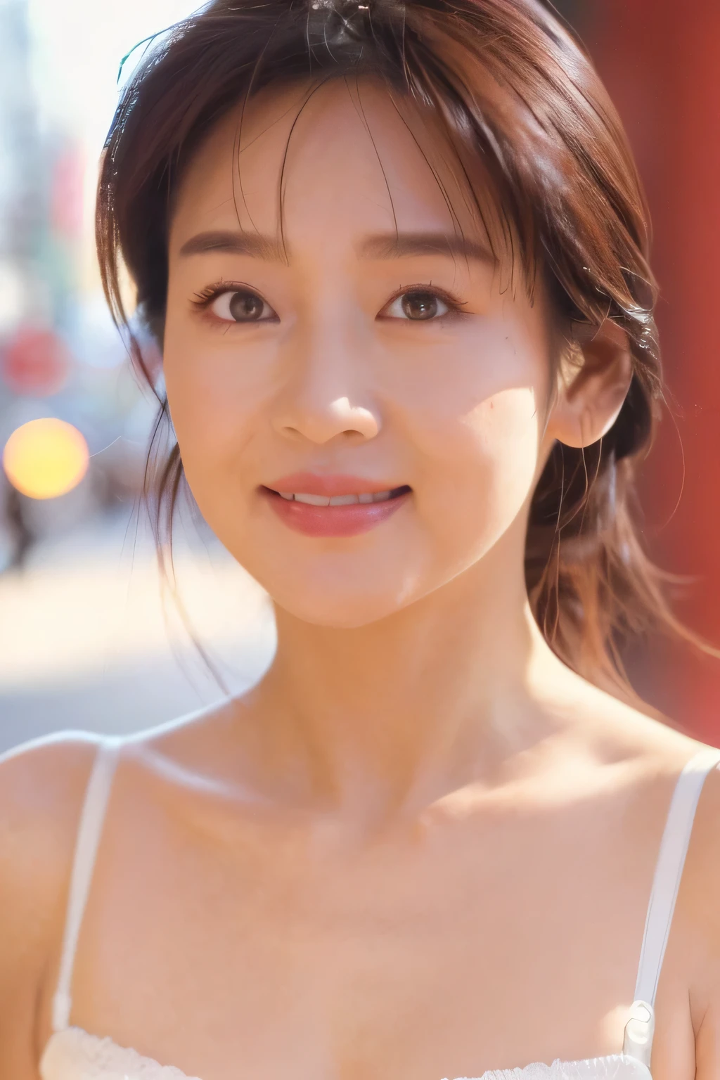 NSFW:1.5,((highest quality、8K resolution、master masterpiece、portrait:1.3)), Photoreal, 35mm film, 1 Japanese female, Upper body,Beautiful woman, on the street during the day, wrinkles around the eyes, plump body,smile,((sexy fancy white bra_panties:1.3)) , (outdoors:city street 1.3), jumbled background,look at the audience,Tokyo cityscape:1.3