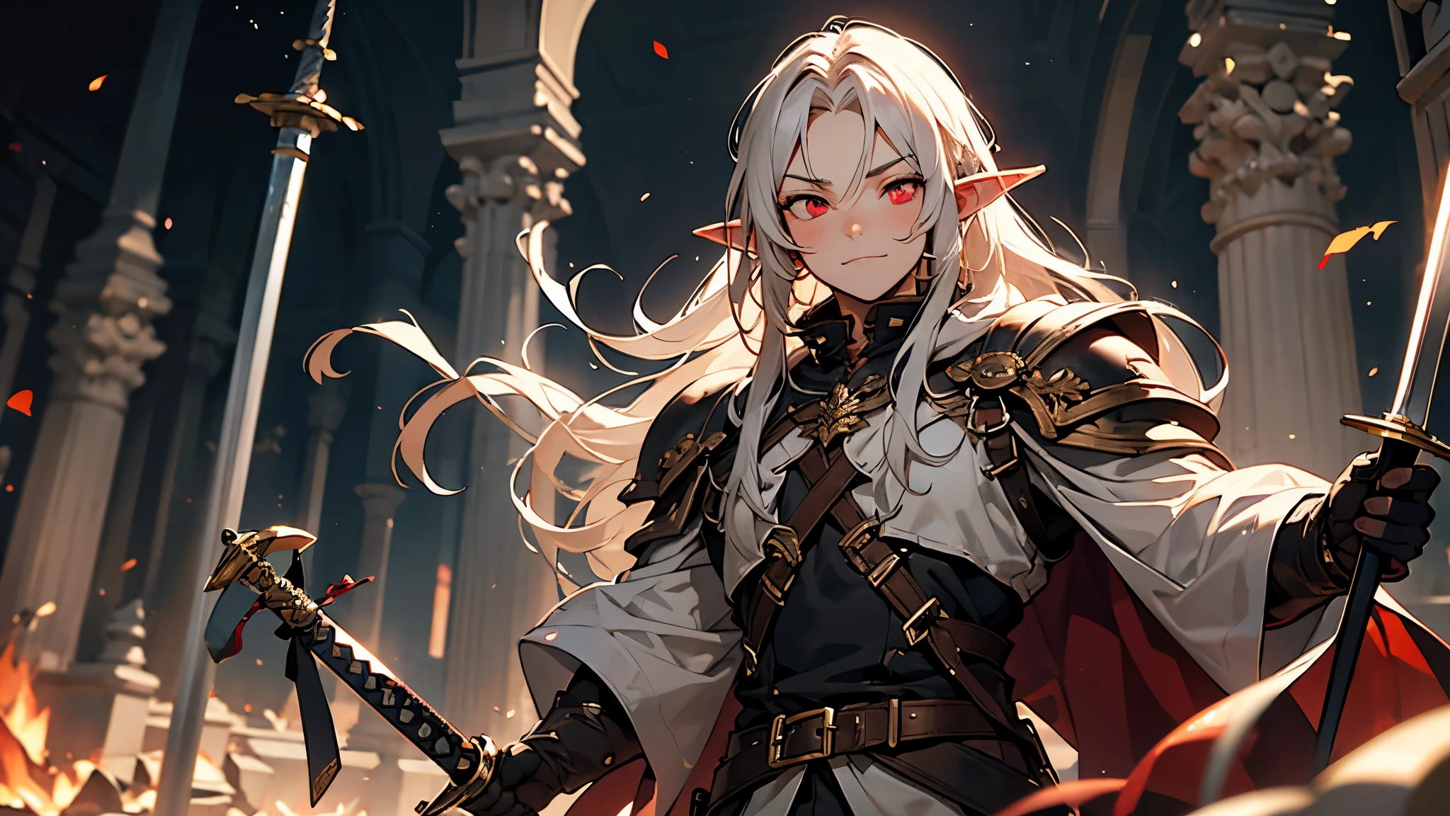 red eyes，a faint smile，hairy body，an elf，a sword