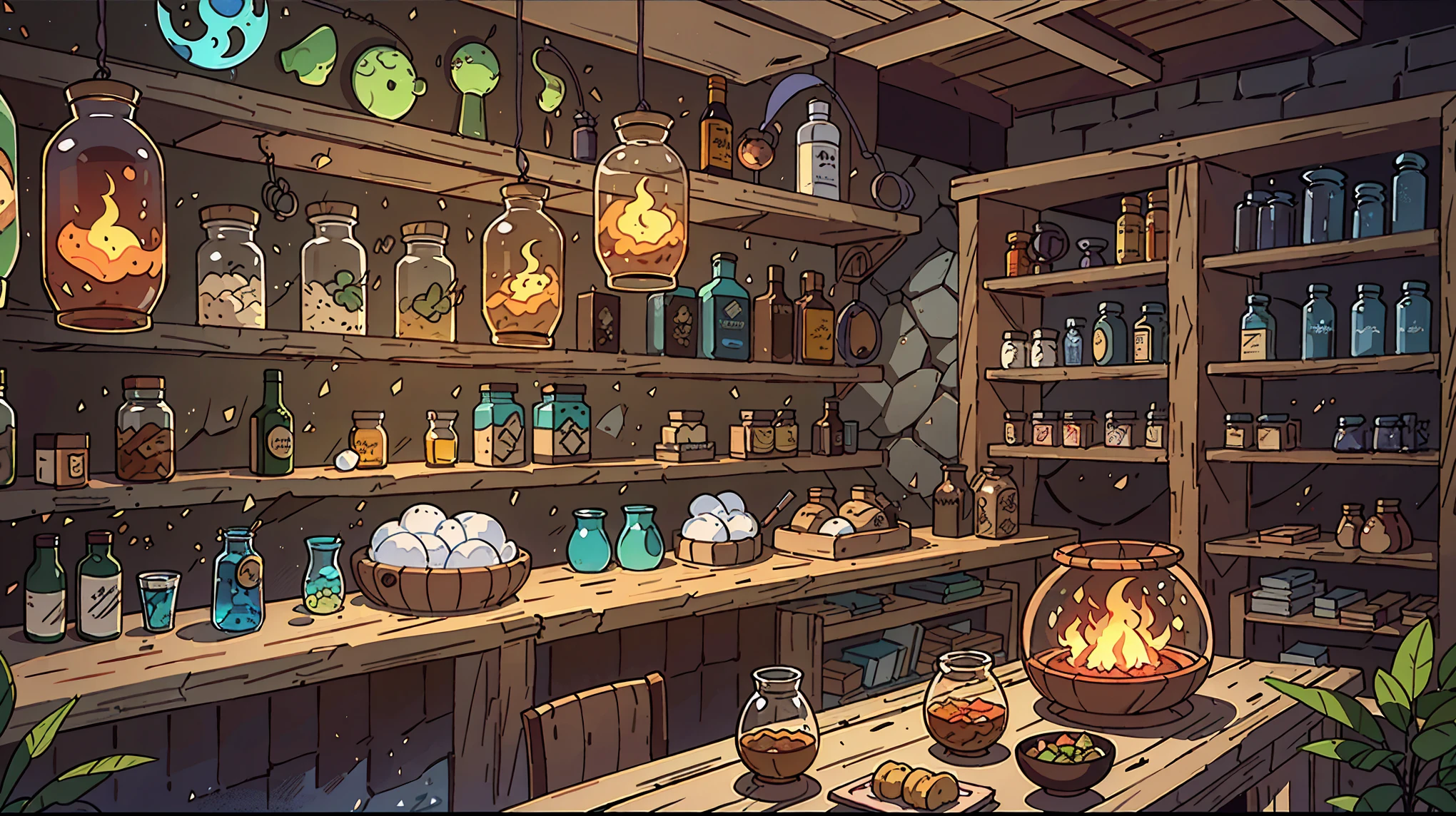 There is a room with lots of jars and a fireplace, tavern background, Fantasy Potion Bender Interior, fantasy alchemist's laboratory, fantasy tavern background, background art, In the portion shop, alchemist library background, Magic Lab Background, interior background art, Jinshu Temple, Brewing potions in the witch's hut, Cuchilla's laboratory!, Multidimensional cozy izakaya, pharmacist