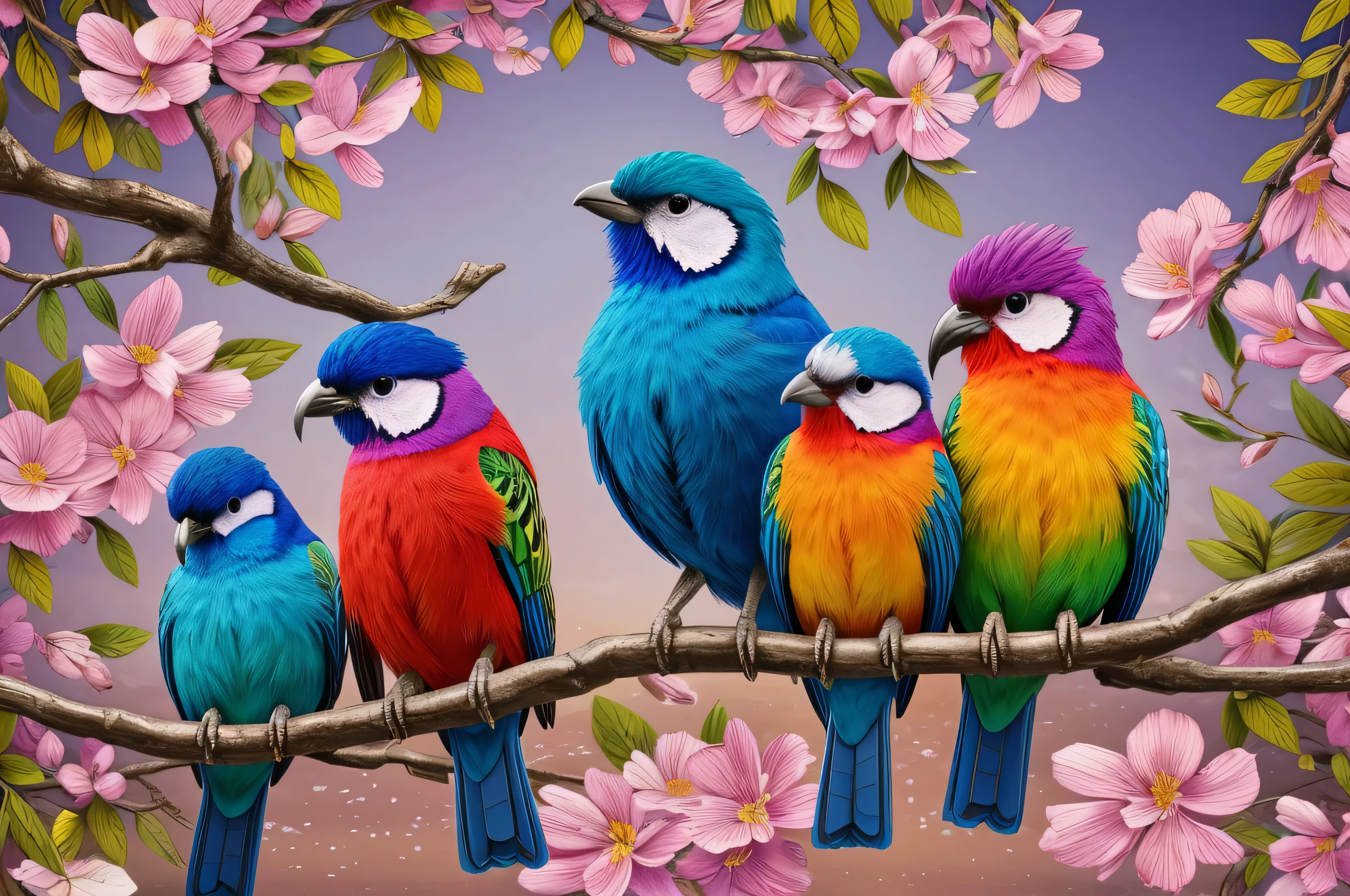oiseau aux couleurs vives assis sur une branche avec des feuilles et des fleurs, image HD colorée, bel art uhd 4k, colorfull digital fantasy art, Highly detailed 4K digital art, Colorful Birds, Beau et coloré, colorful bird with a long, surrealistic bird, detailed painting 4 k, travail de&#39;art à couper le souffle en 8,000, colorful plumage, Detailed digital art 4k