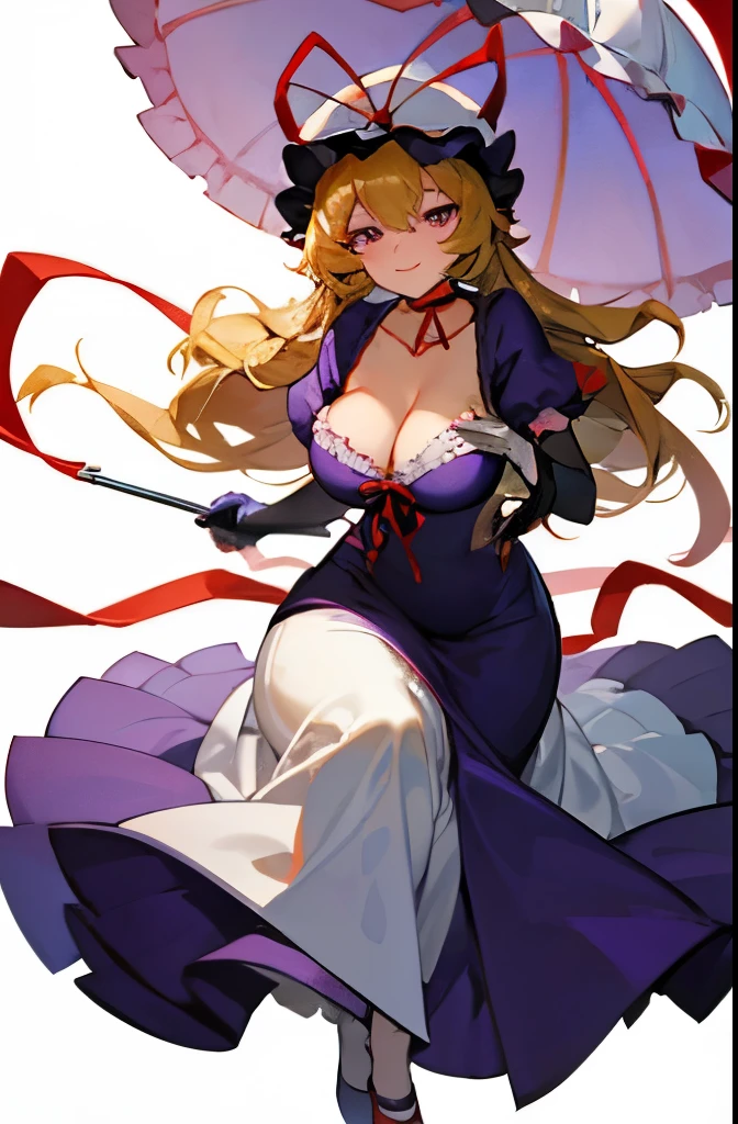 yukari yakumo, facing forward, without umbrella, visual novel pose, smiling, full body, looking at camera, large breasts, cleavage, elbow gloves,short sleeves, hat ribbon, bow, red ribbon,mob cap, puffy short sleeves,ribbon choker, frills, white background