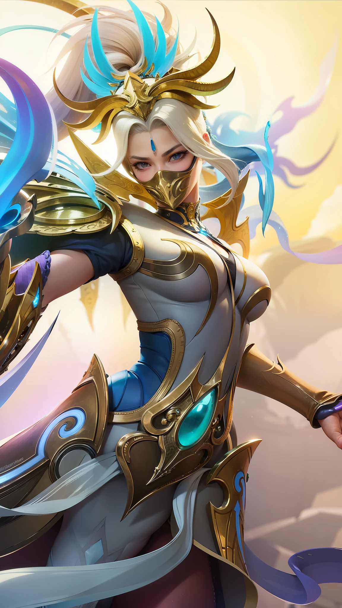 (female:1.2), 8k, ultra hd, ultra detailed texture, hyper realistic, masterpiece, detailed texture, detailed face, detailed skin, detailed lighting, (photorealistic:1.5), best quality, beautiful lighting, cinematic lighting, professional lighting, ultra highres, realistic, detailed hair, real hair, high quality, (realskin:1.5), extremely detailed, finely detail, ultra-detailed, 1girl, solo, standing, demon horns, forehead protector, green eyes, v-shapped eyebrow, make up, pretty, beautiful, long hair, white hair, high ponytail, large breasts, cleavage, armpit, navel, stomach, black armor, pauldrons, bare shoulders, shoulder armor, thigh high, sleevless, detached sleeves, breastplate, gauntlets, hanabi \(mobile legends\), depth of field, white skin, skin tight, amazing pose, outdoors, glowing, dark view, looking at viewer (wearing a mask:1.2)