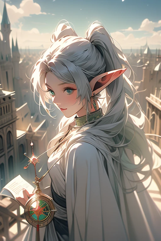 ((freezing)), ((masterpiece)), (highly saturated), (High resolution:1.3), (From above), (professional photography:1.2), (cinematic lighting), 1 girl, alone, (flat body), (smile), walk, beautiful, goblin, pointed ears, gray hair, (long twin tails), green eyes, white dress, white cloak, ((magician staff)), magic, magic circle, (Shabby ruins), cityscape, cloudy sky,