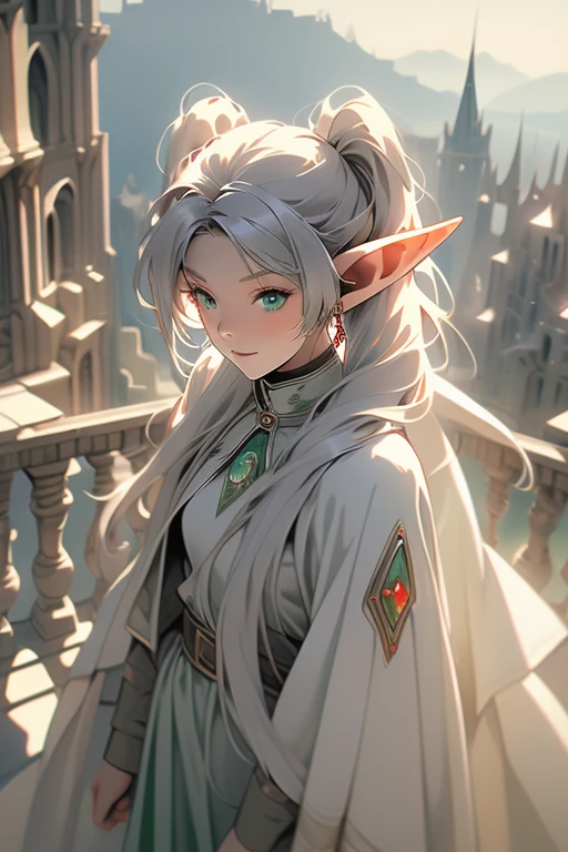 ((freezing)), ((masterpiece)), (highly saturated), (High resolution:1.3), (From above), (professional photography:1.2), (cinematic lighting), 1 girl, alone, (flat body), (smile), walk, beautiful, goblin, pointed ears, gray hair, (long twin tails), green eyes, white dress, white cloak, ((magician staff)), magic, magic circle, (Shabby ruins), cityscape, cloudy sky,