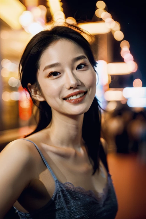 1girl, idol, model, depth of field, photo, film, face, skinny, smile, collarbone,  teeth, movie, camisole, selfie, night,