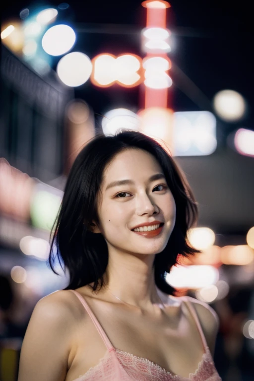 1girl, idol, model, depth of field, photo, film, face, skinny, smile, collarbone, teeth, movie, camisole, selfie, night,