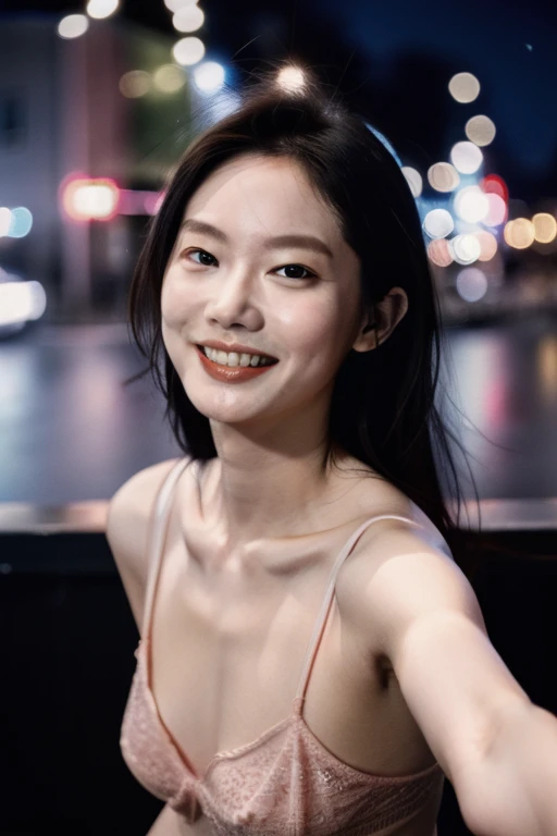 1girl, idol, model, depth of field, photo, film, face, skinny, smile, collarbone,  teeth, movie, camisole, selfie, night,
