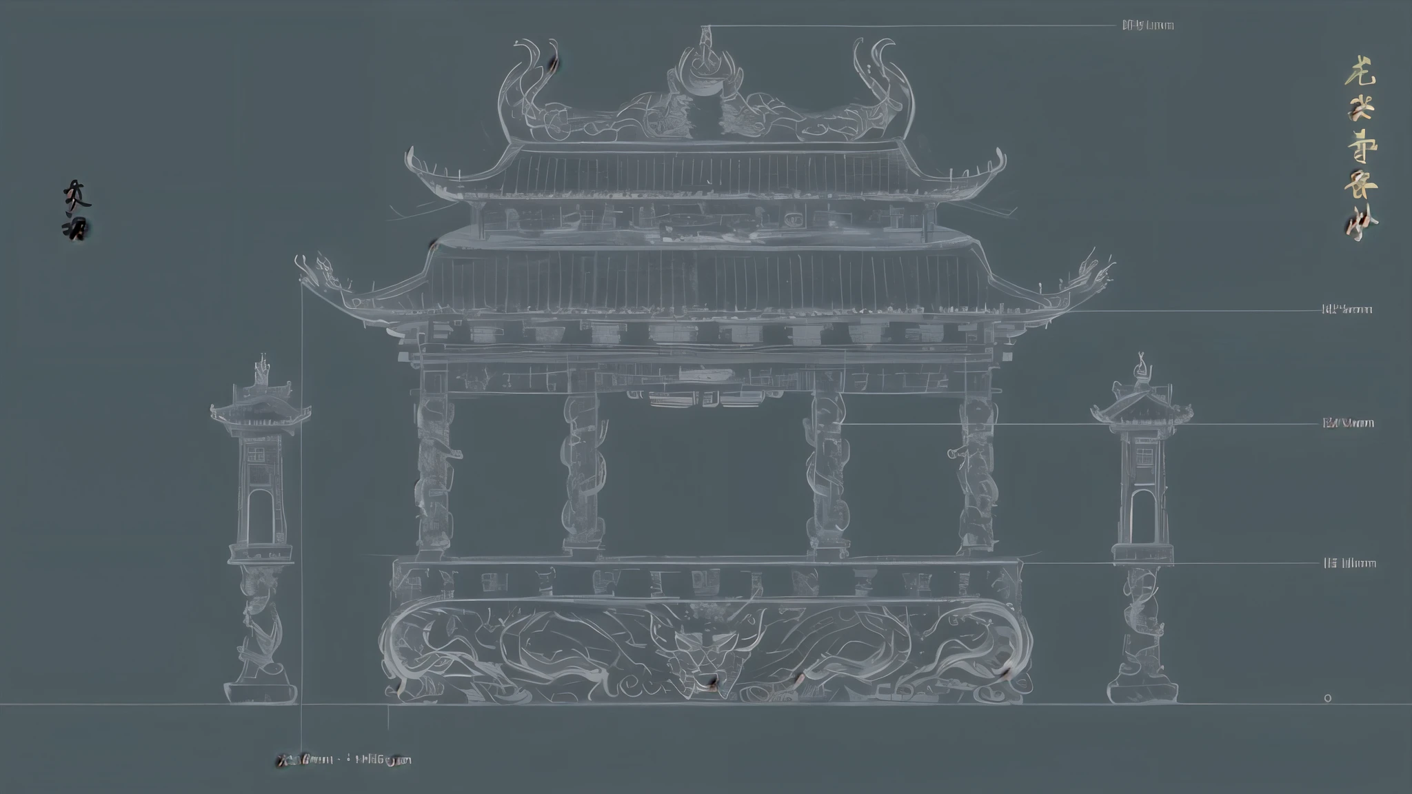 masterpiece,old Chinese building,Dragon totem,line drawing,black and white,meticulous painting