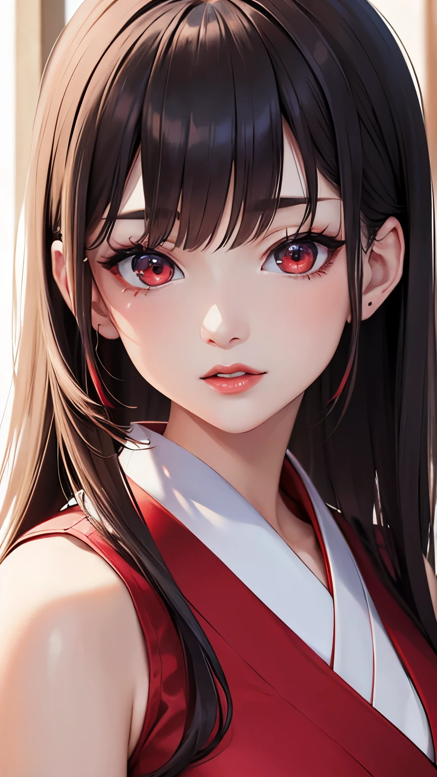 (masterpiece),(best quality:1.0), (ultra high definition:1.0), Detailed description, 8k, Japanese cartoons, 1 girl, beautiful Japanese cartoons girl, wearing red dress, corolla, pretty face, Detailed face, beautiful eyes, delicate eyes, dark red eyes, bright red lips, red lipstick, beautiful stylish hair, highlights in hair, bangs Japanese cartoons style, best quality, Energetic