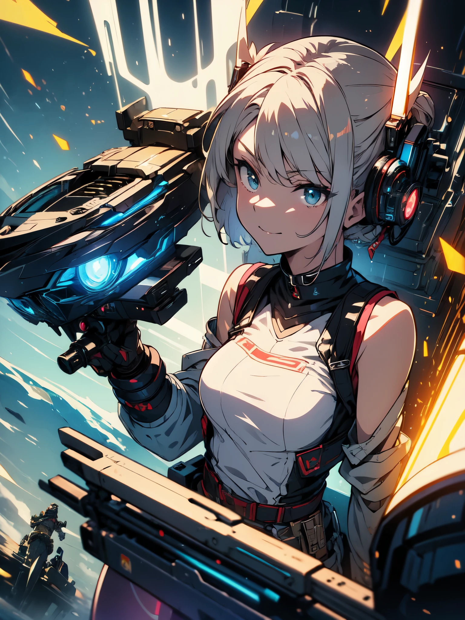 ((((masterpiece)))), expensive quality, very_expensive_solve, big_file size, full color, Steampunk featuring futuristic planets,, big規模の都市中で, Bustling foreigner market, and off-road bike. The main character is a beautiful girl with a beautiful upper body., short blonde hair, and a silvery smile., mechanized weapons. wearing a white tank top, Damaged Denim Shorts, Engineer boot, and off-road bikeに乗って. beautiful anime