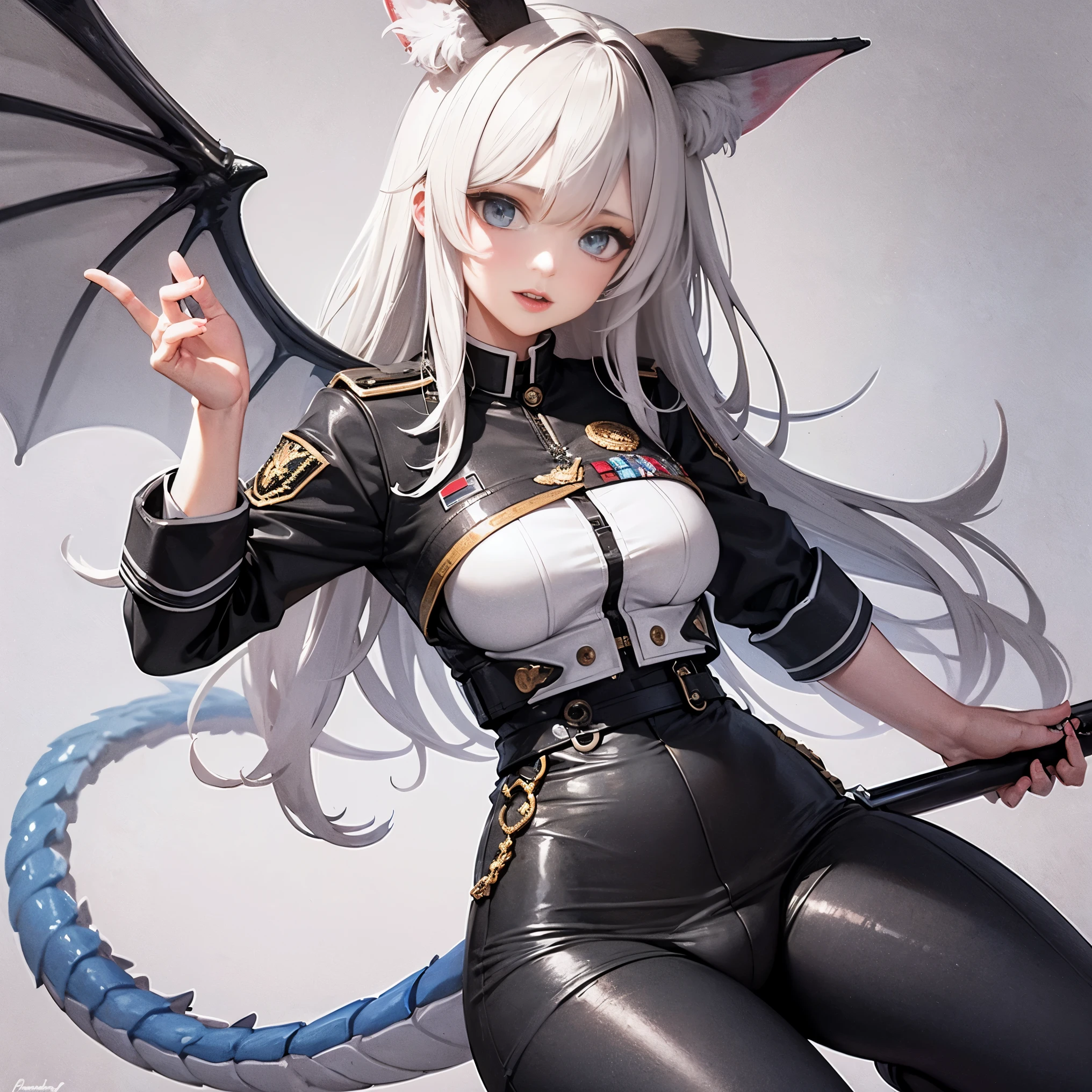 masterpiece, 8k resolution, high quality, high resolution, best quality, extremally detailed, best resolution, absurd resolution, ray tracing, high detailed, extremely detailed,detailed face, shoulder length white hair, female, 2 white fox ears with black tips, teenage girl, slime body, white scaled dragon tail, military boots,black leggings, military combat pants, black T-shirt, white jacket open, medium size chest, detailed blue eyes,solo female,1 dragon tail, tomboyish, thick dragon tail, white scales, 2 dragon wings, white fluffy dragon wings, detailed face,very detailed, amazing details,solo female, 1 female, detailed 2 white furry dragon wings, scaly dragon legs,