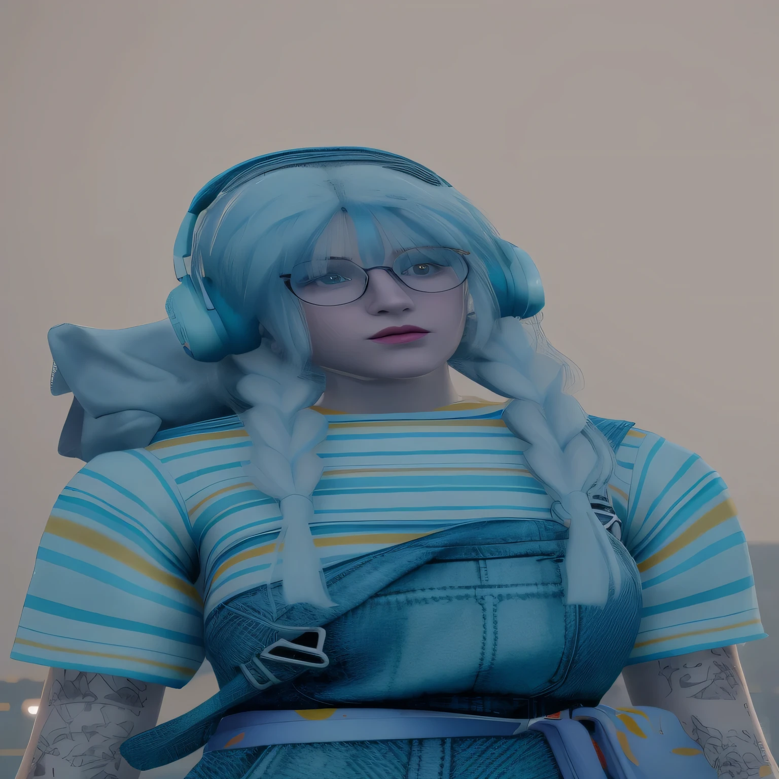 there is a woman with a blue wig and glasses on, render of april, rendered in sfm, nostalgic vibes, 3d character realistic, lofi portrait, lofi girl, with headphones, e - girl, e-girl, sfm render, glowwave girl portrait, semi - realistic render, high res render, with head phones, gamer aesthetic
