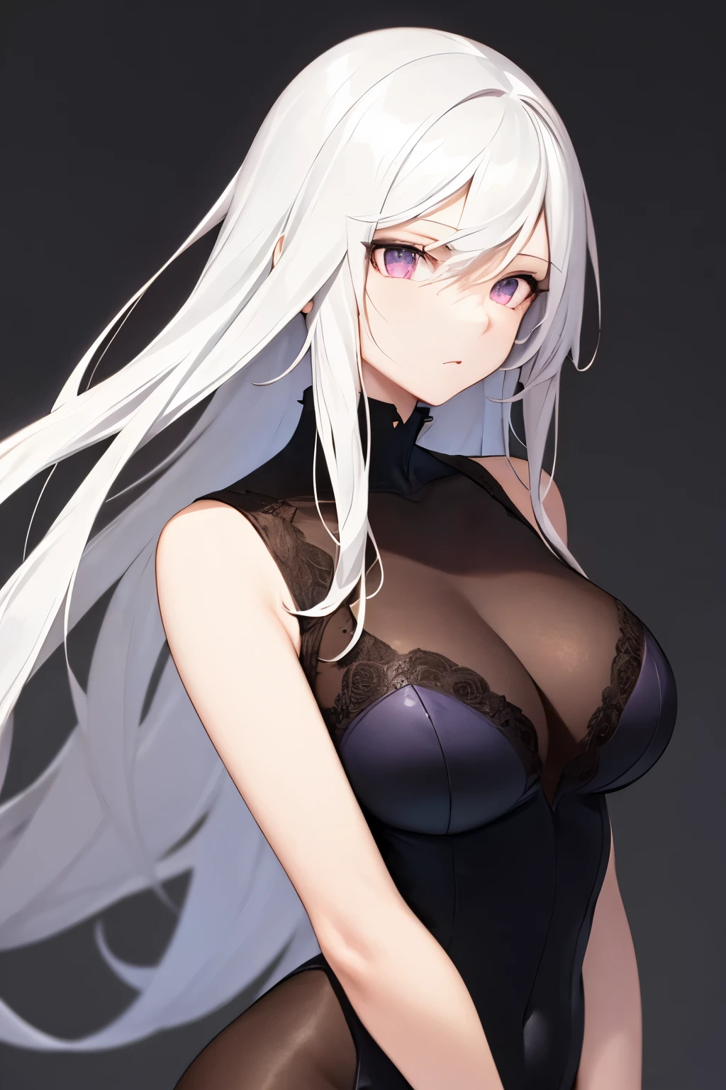 Masterpiece, best quality, 1 woman, white hair, spiky hair, long hair, Purple Eye, upper body, alone, Black suit, simple background