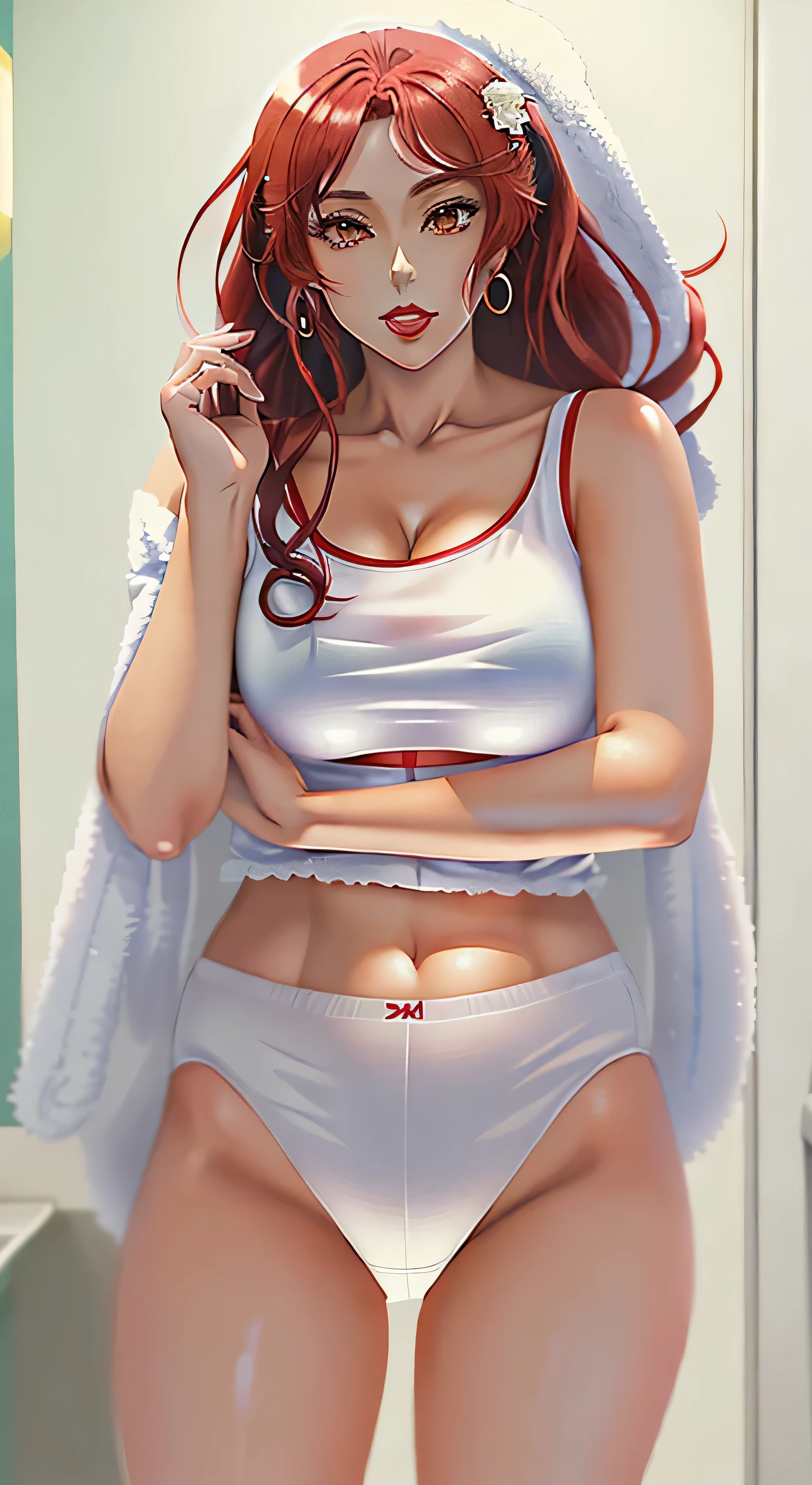 ((((masterpiece, best quality)))), ((33 year old)), (((Curvy))), ((Latina with long red hair)), in ((white tanktop)), ((white high cut panties)), ((Red lipstick)), ((Standing in a messy bathroom)), ((((anime art style))))