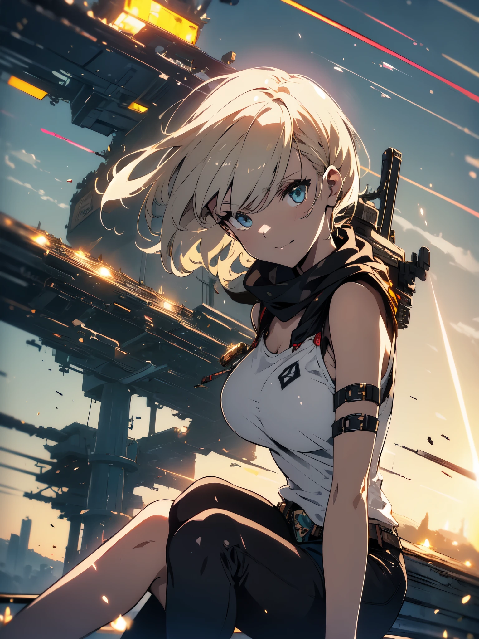 ((((masterpiece)))), expensive quality, very_expensive_solve, big_file size, full color, Steampunk featuring futuristic planets,, big規模の都市中で, Bustling foreigner market, and off-road bike. The main character is a beautiful girl with a beautiful upper body., short blonde hair, and a silvery smile., mechanized weapons. wearing a white tank top, Damaged Denim Shorts, Engineer boot, and off-road bikeに乗って.  beautiful anime