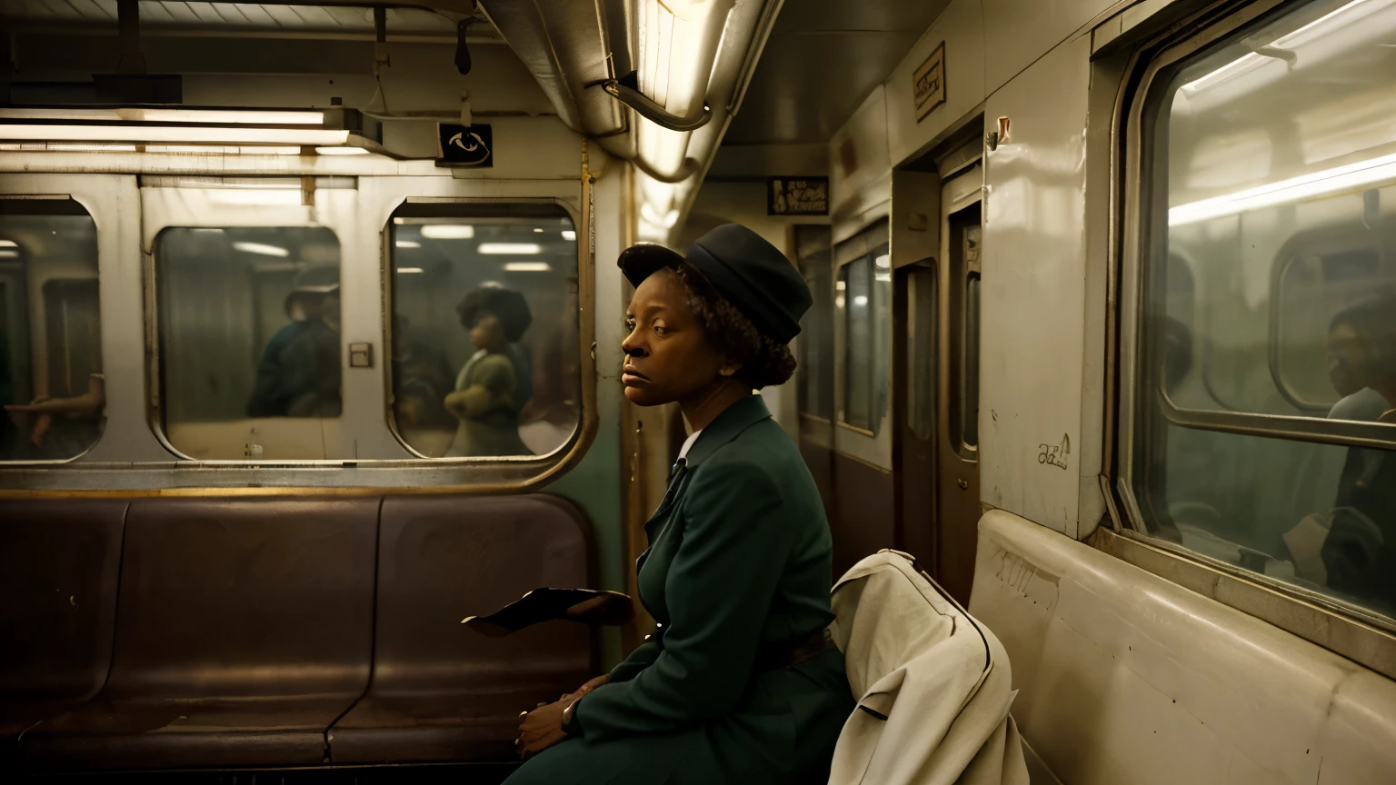 edward hopper style, very old african american lady riding on a vintage subway train, looking out the window, night time