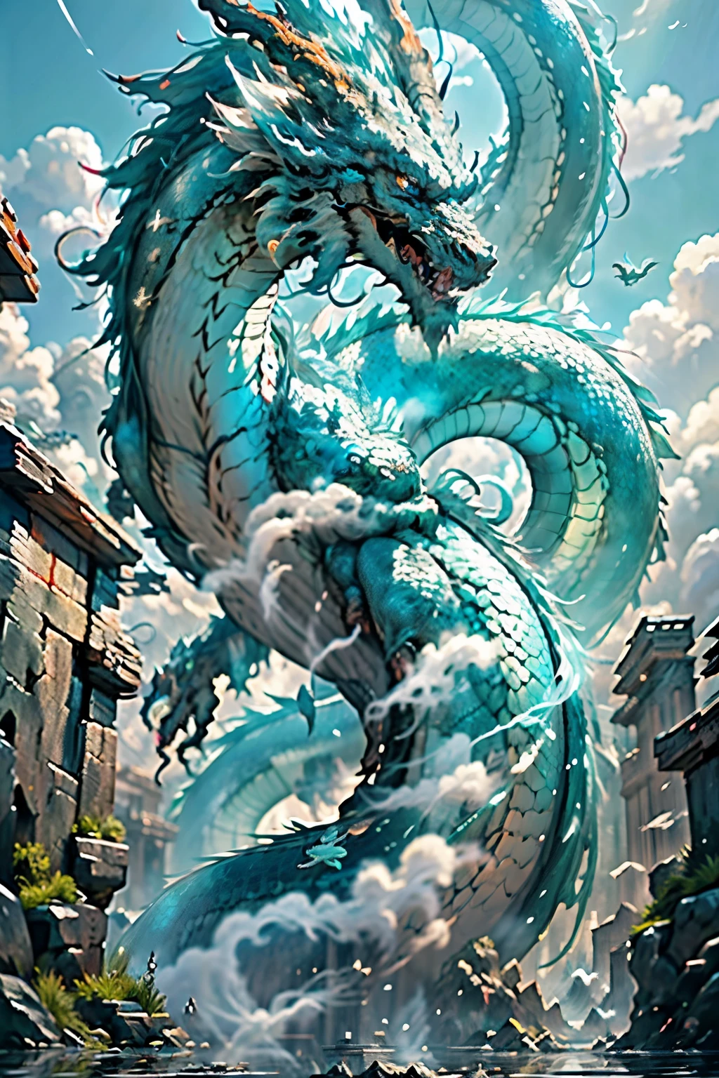 A majestic dragon, its scales shimmering in the sunlight, flies in the distance in the sky. The dragon's wings beat rhythmically against the wind, creating ripples in the air. Its long tail trails behind it, leaving a trail of smoke in the clear blue sky. The dragon's eyes glow with an otherworldly wisdom and power. The intricately detailed scales and textures of the dragon's body make this depiction extremely realistic.